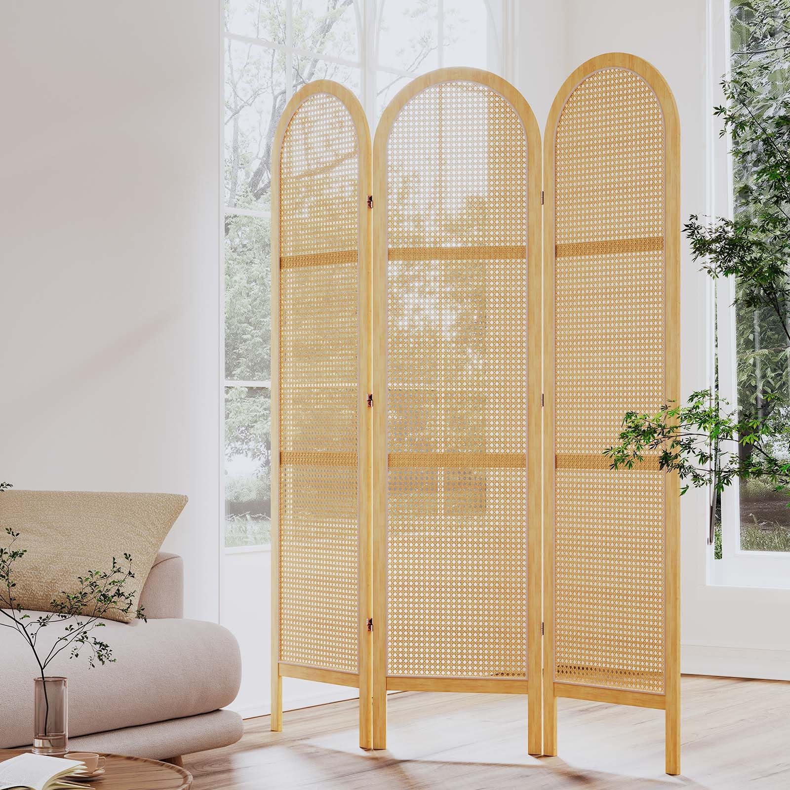 5.6 Ft Pine Wood Room Divider with Double Hinged Rattan Panels - Freestanding Folding Privacy Screen for Home Office, Bedroom & Living Room (3-Panel, Natural) - Perfect for Space Separation & Home Decor