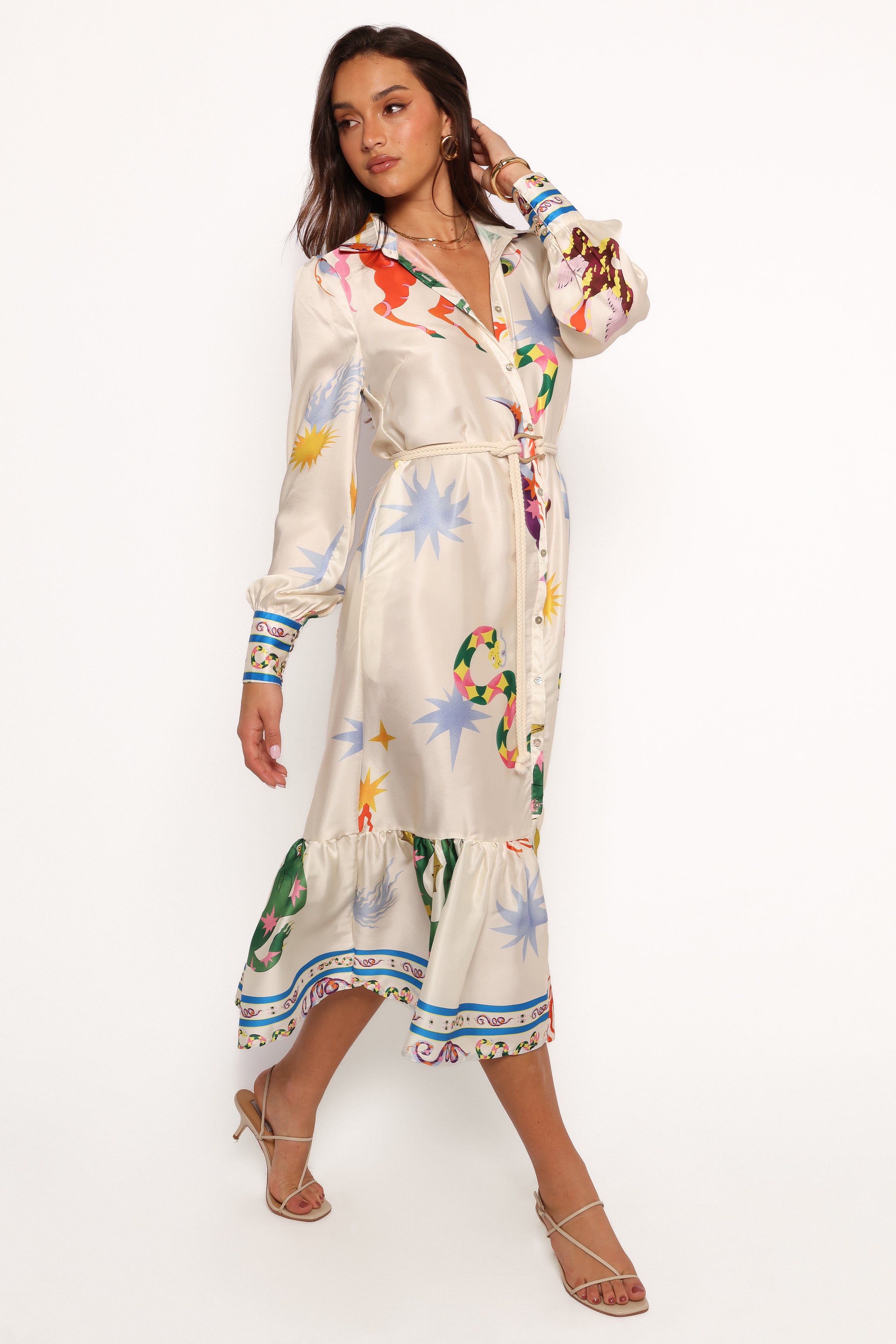 Calie Long Sleeve Midi Dress - White & Orange Floral Print | Women's Casual Fall Dress for Work, Date Night & Special Occasions