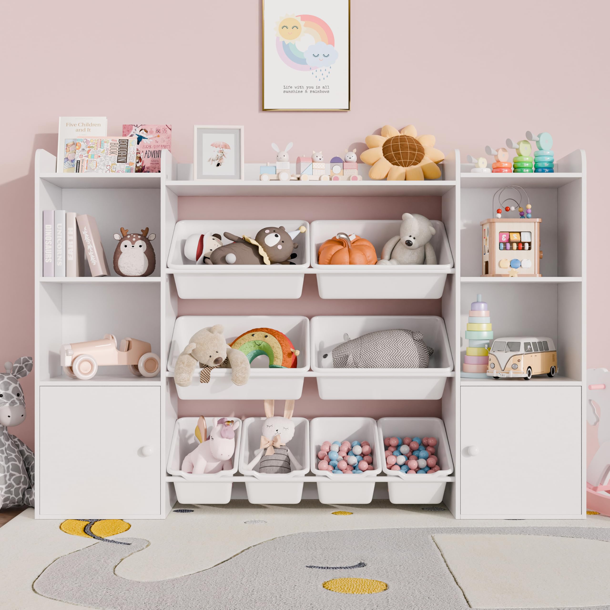 Xilingol Kids Toy Storage Organizer with 8 Removable Bins & 6 Storage Cubbies - 4-Tier Bookshelf for Playroom, Bedroom, Classroom - Perfect for Organizing Toys, Books, and Supplies