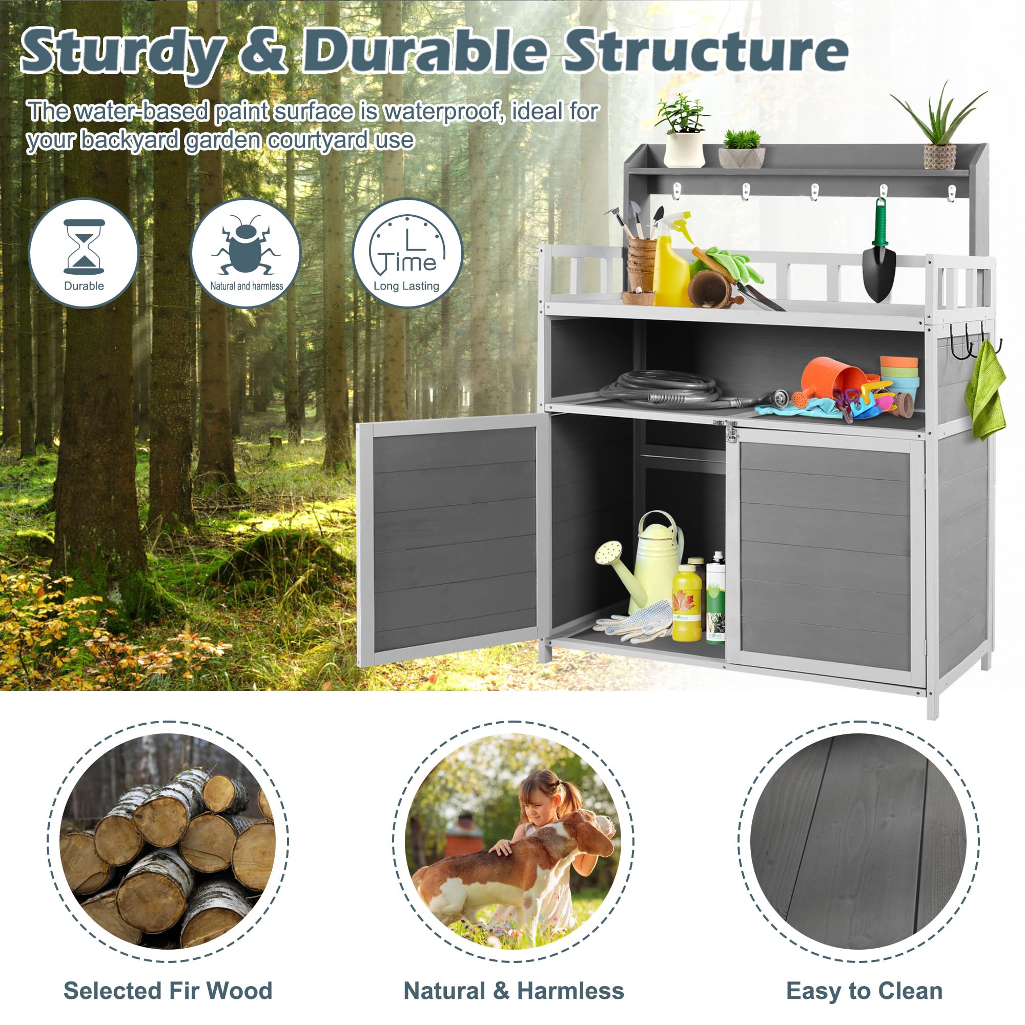 GRAVFORCE Outdoor Potting Bench with Storage Cabinet & Double Doors - Heavy Duty Gardening Table for Planting, Potting & Organizing - Perfect for Porch, Backyard, Patio & Greenhouse Use (Grey)
