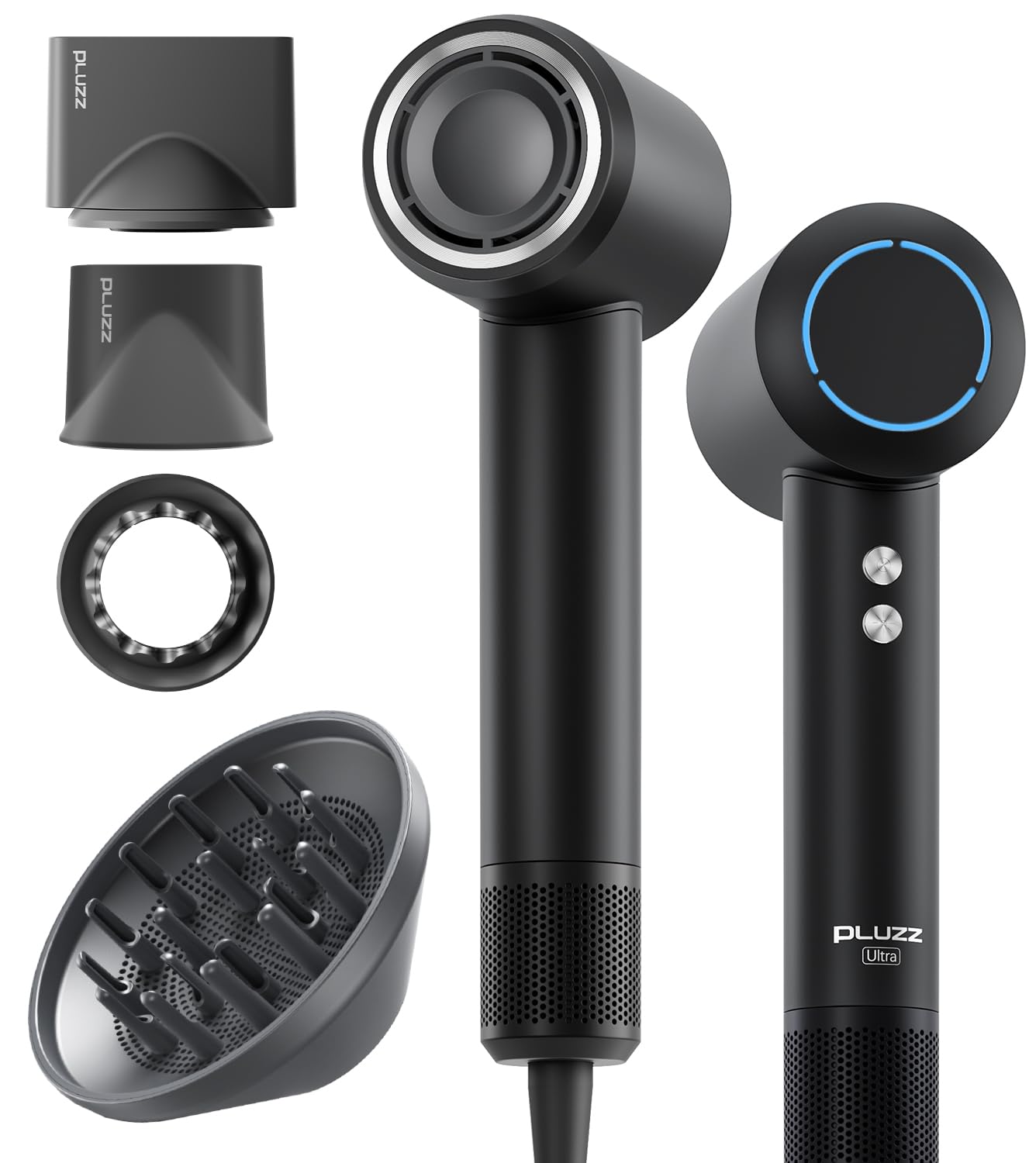 PLUZZ Professional Ionic Hair Dryer with Diffuser - 400M Negative Ions for Frizz-Free Curls, 120,000 RPM Brushless Motor for Fast Drying, Lightweight & Quiet Blow Dryer for Travel - Perfect for Home, Salon & On-the-Go Styling (Women & Men)