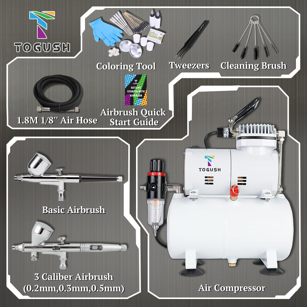 Professional Airbrush Kit with Air Tank Compressor - Dual-Action Gravity Feed Airbrush Set (0.2mm, 0.3mm, 0.5mm Nozzles) with Cleaning Brushes - Perfect for Model Painting, Hobby Crafts, Cake Decorating & Automotive Art