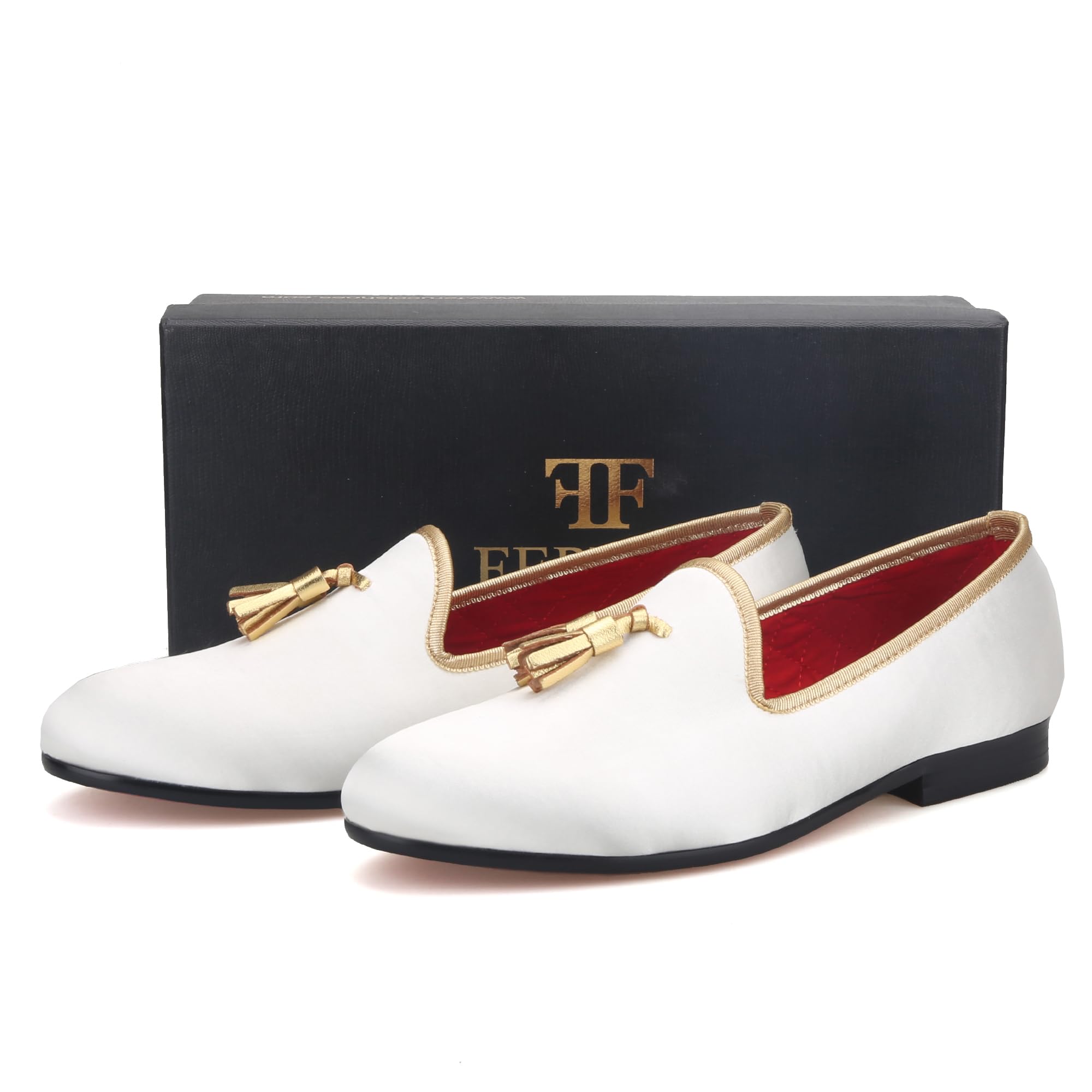 FERUCCI Handmade Men's Velvet Loafers with Gold Tassel - Luxurious White House Slippers for Indoor Comfort & Elegant Lounging