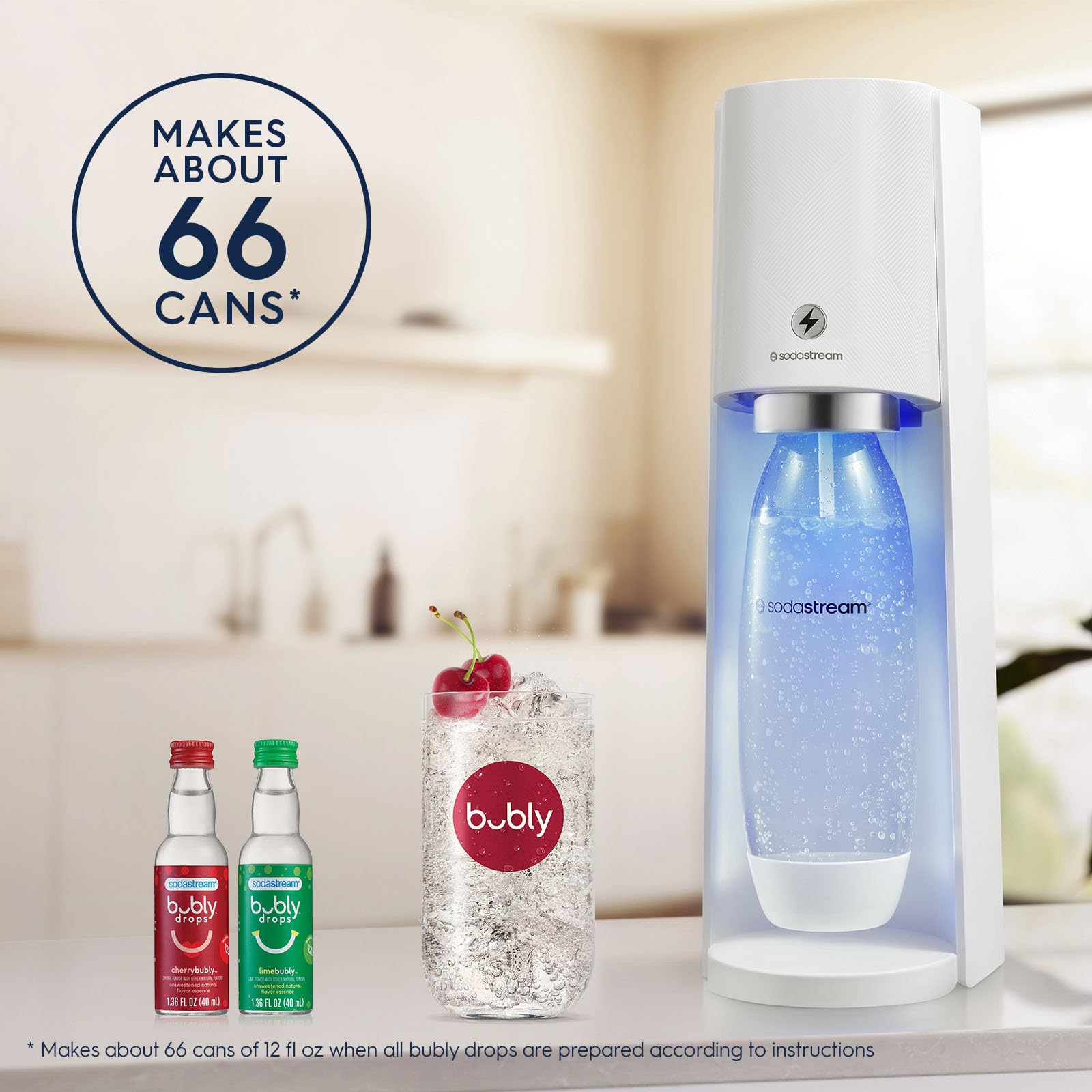 SodaStream E-TERRA Sparkling Water Maker Kit - White Home Soda Machine with CO2 Cylinder, 2 Carbonating Bottles & bubly Drops Flavor Variety Pack - Make Healthy Sparkling Water at Home for Parties, Office or Daily Hydration