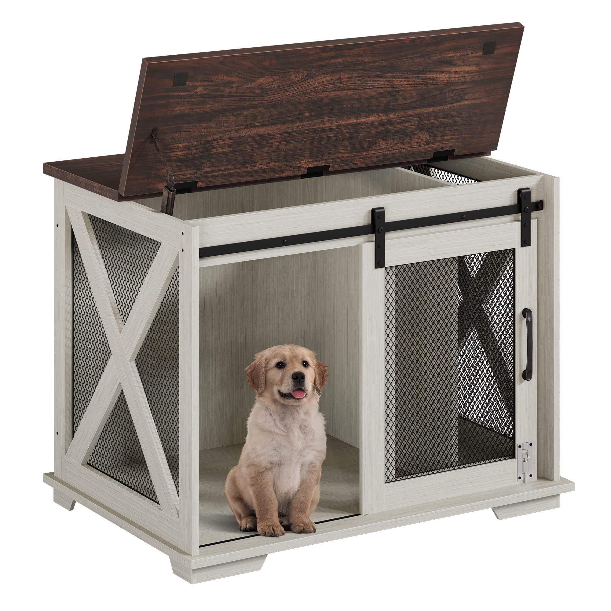 GARVEE 37 Inch Wooden Dog Crate Furniture - Flip Top End Table with Movable Divider, Large Pet Kennel Side Table in White | Perfect for Living Room, Bedroom & Home Decor