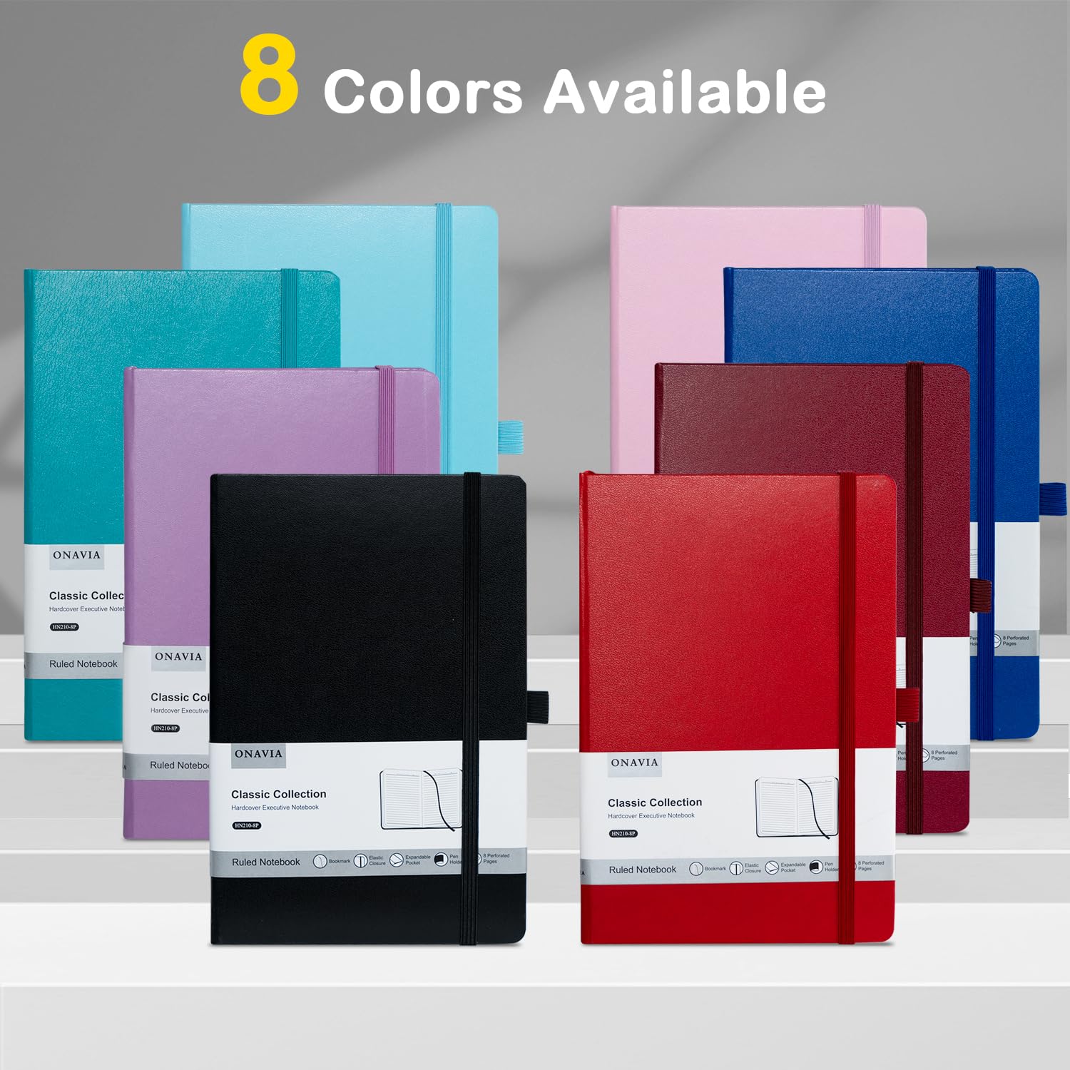 8-Pack A5 Lined Hardcover Notebooks - 100 GSM Thick Paper, 160 Pages (5.5