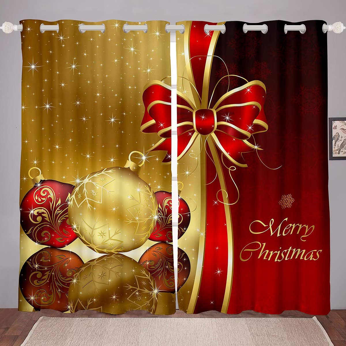 Feelyou Christmas Curtains for Bedroom & Living Room - 42x63 Inch Red Gold Glitter Window Drapes with Bow Tinsel Decor (2 Panels) - Perfect for Kids Room, Women's Bedroom & Holiday Home Decoration