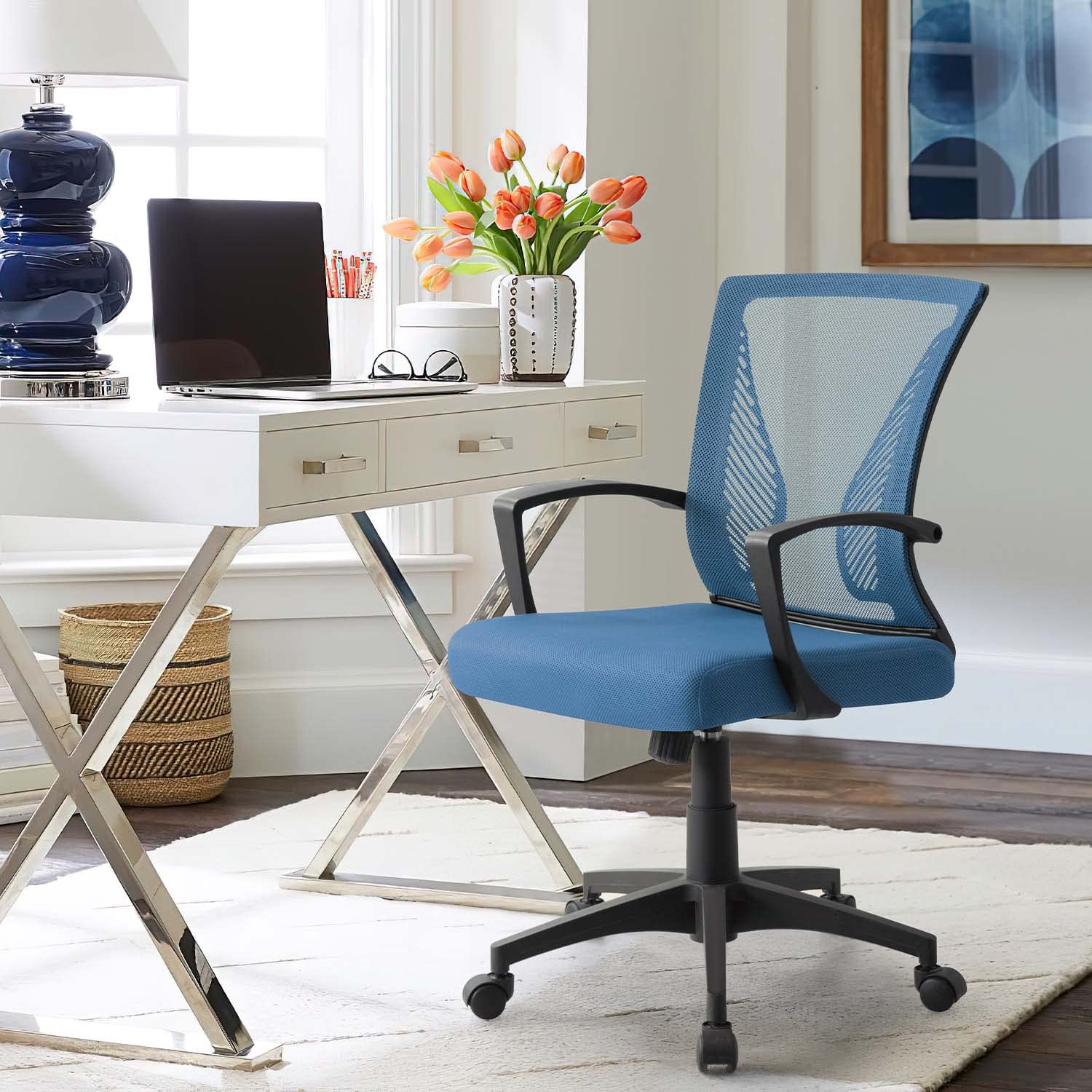 Ergonomic Mesh Office Chair with Lumbar Support - Mid Back Swivel Rolling Computer Desk Chair for Home & Office - Adjustable Armrests, Breathable Design (Blue) - Perfect for Long Work Hours & Gaming Sessions