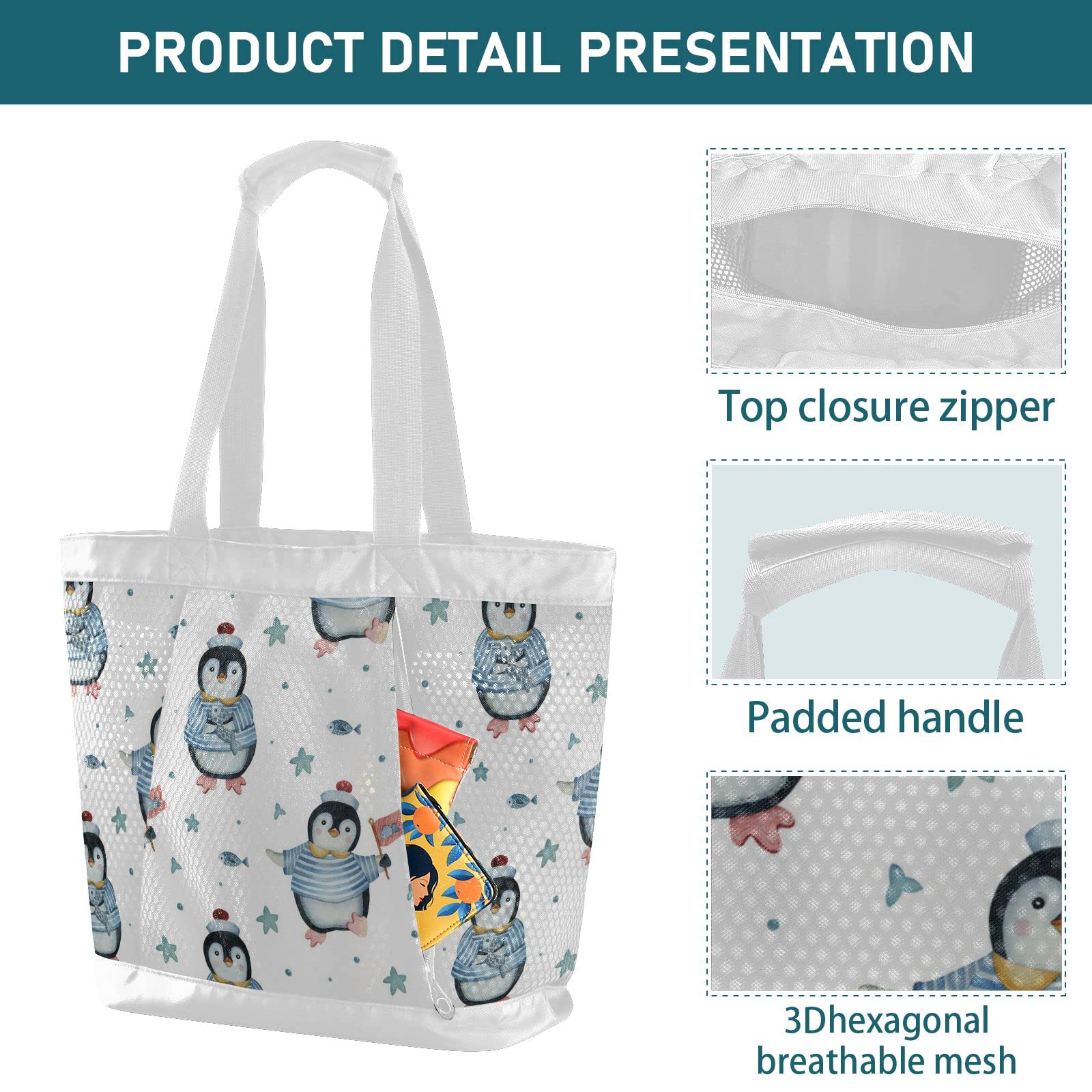 J JOYSAY Large Waterproof Mesh Beach Tote Bag - Sandproof Women's Shoulder Bag for Travel, Swimming, Picnic & Overnight Trips - Cute Penguin Design Beach Essentials for Summer Vacation