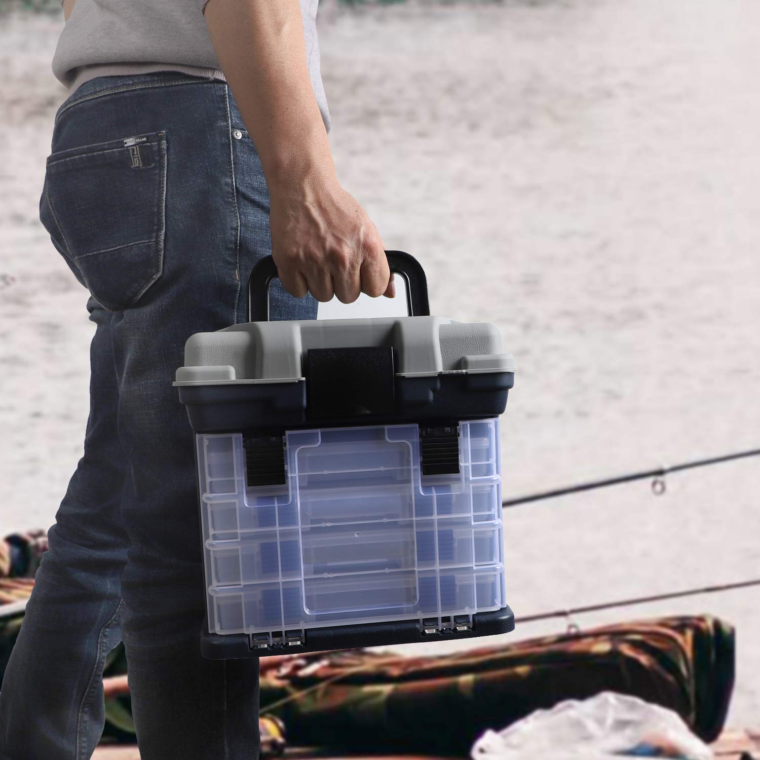 KINJOEK 4-Layer Portable Fishing Tackle Box Kit - Waterproof Fishing Accessory Storage Case for Freshwater & Saltwater Fishing - Perfect for Bass, Trout, and Saltwater Anglers