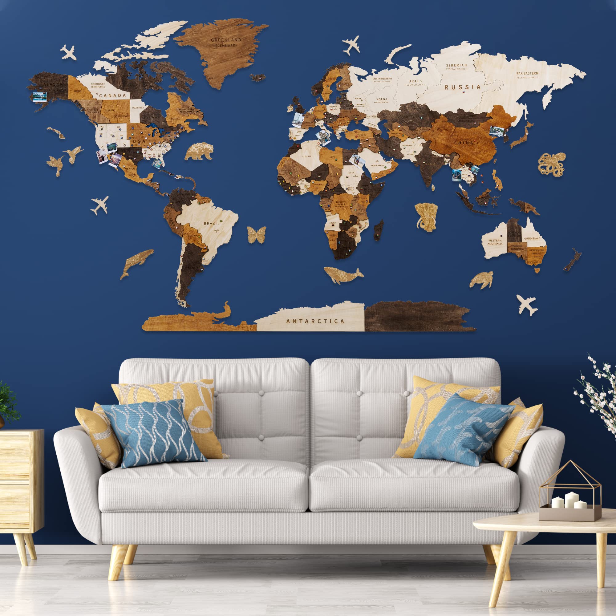 HYPERI 3D Wooden World Map Wall Art - Multilayered Wooden Wall Decor with Push Pins - Perfect for Home, Office & Gifts - Christmas, Valentine's Day Present for Dad, Mom, Boss, Husband, Wife - Large Size for Living Room, Bedroom or Study Decor