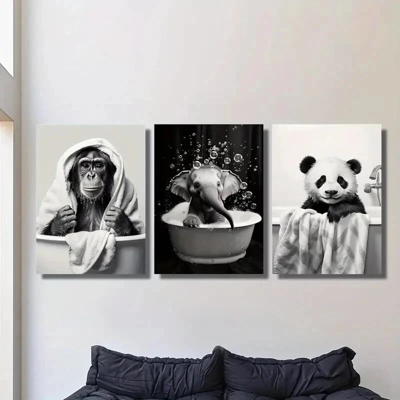 3PCS Adorable Cartoon Animal Bath Time Metal Wall Art - Ready to Hang Home Decor for Bathroom, Nursery & Kids Room