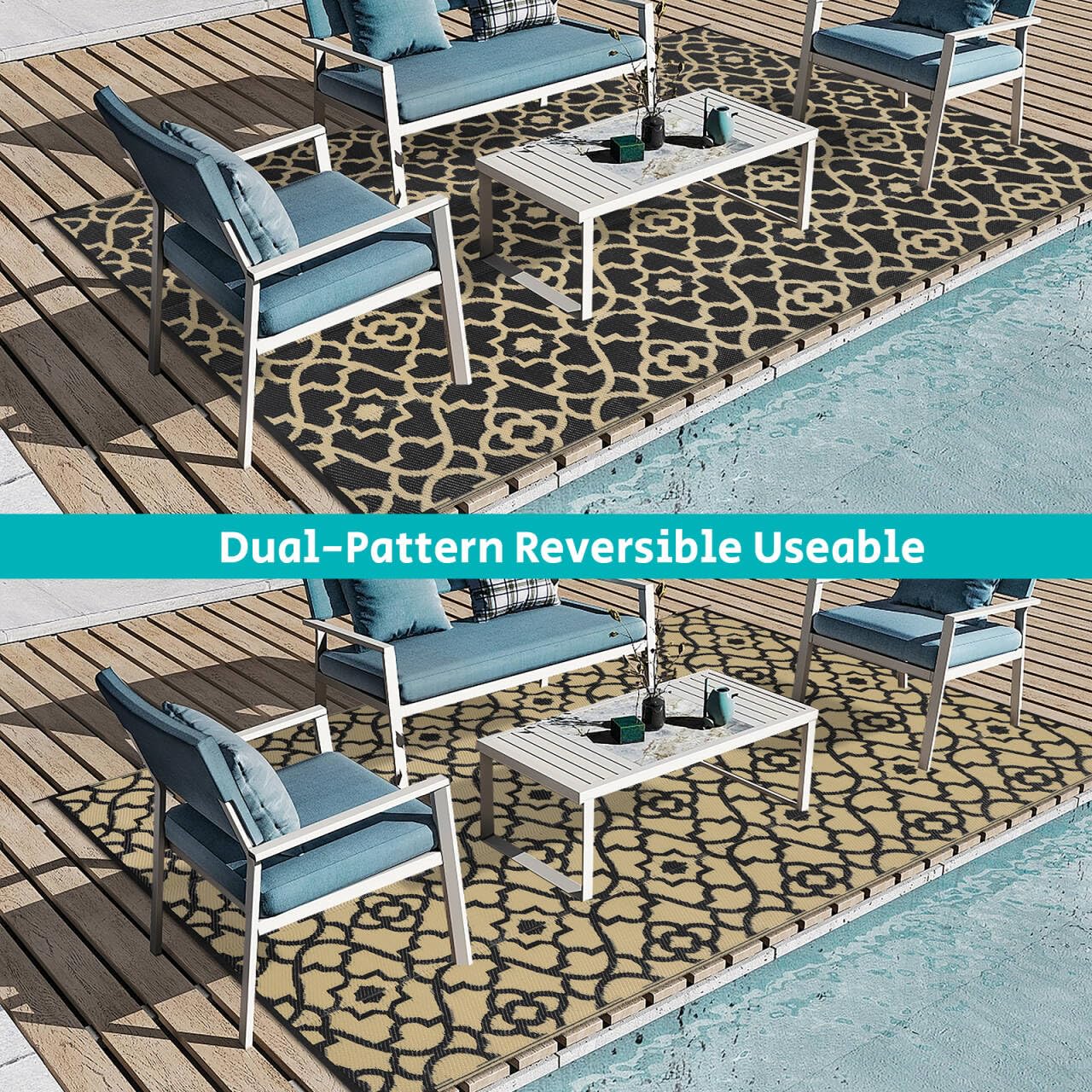 HEBE 5'x8' Waterproof Reversible Outdoor Rug - Durable Plastic Straw Patio Mat for RV, Camping, Deck, Porch, Balcony & Backyard | Perfect for Outdoor Gatherings, Picnics & Relaxation