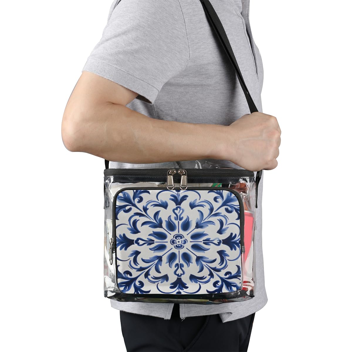 GzLeyigou Blue Floral Transparent Tote Bag - Abstract Flower Design with Handles, Crossbody & Shoulder Strap - Perfect for Outdoor, Travel, Picnic, Concerts & Sports Events (Stadium Approved) - Great for Beach Days, Shopping Trips and Festival Essentials