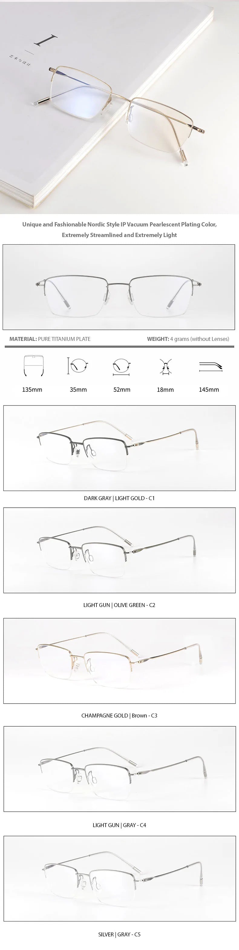 Men's Titanium Semi-Rimless Square Eyeglasses Frame 7277 - Lightweight & Durable for Work, Reading & Everyday Use