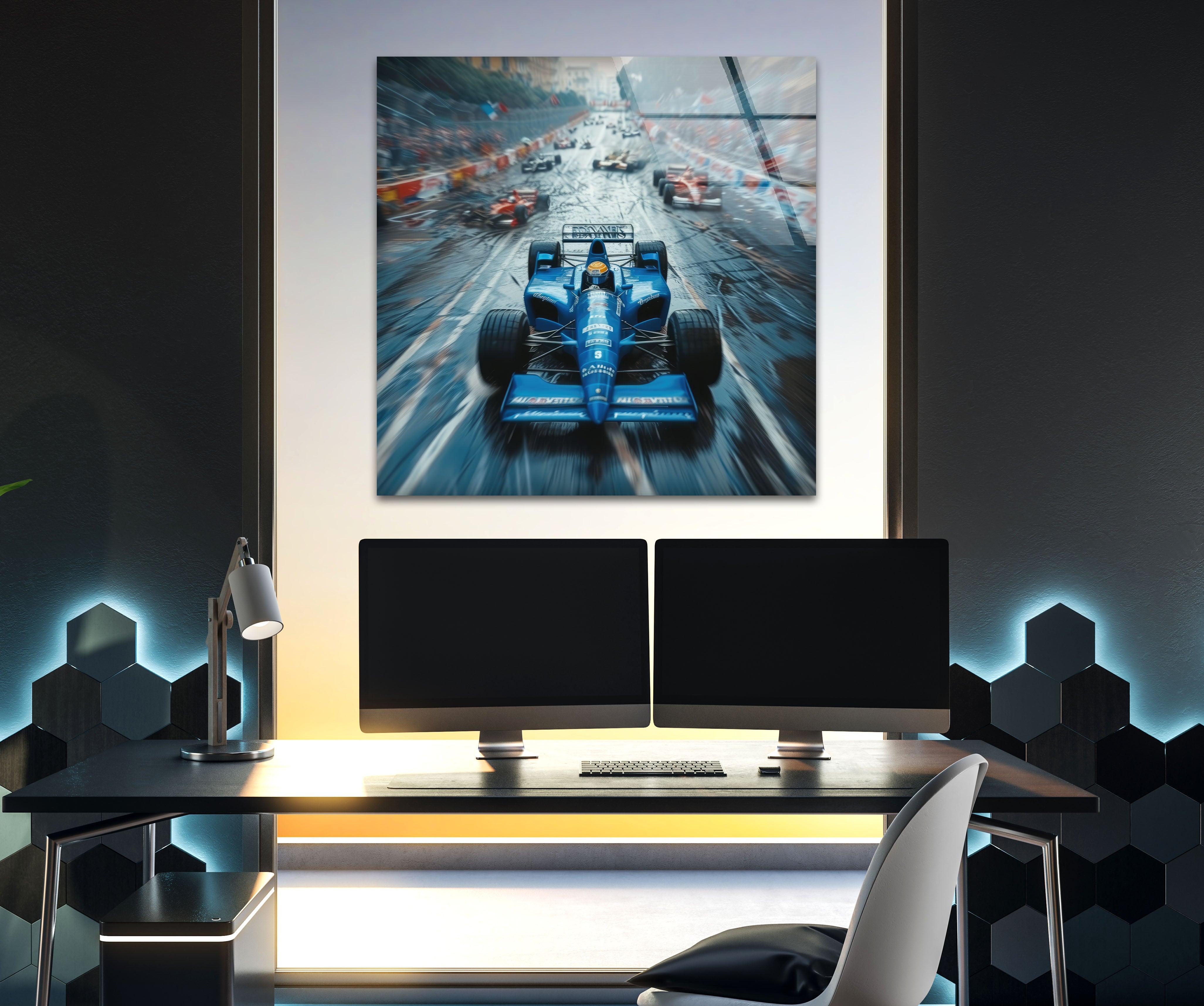 Blue Formula 1 Racing Car Glass Wall Art - Premium Decorative Home & Office Decor for Motorsport Fans