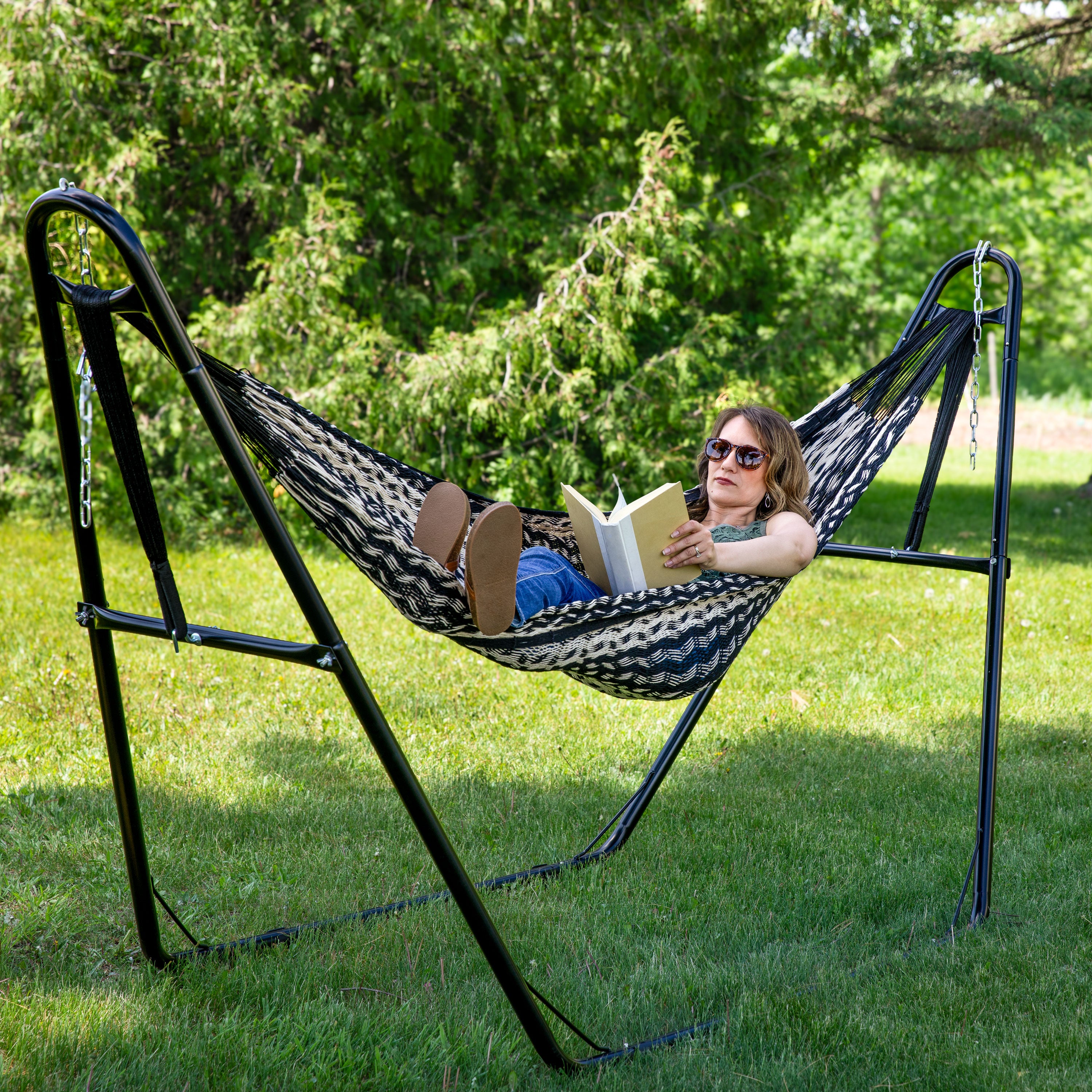 Premium XXL Handwoven Mayan Hammock with 15ft Stand - Extra Thick Cotton Rope for Maximum Comfort - Perfect for Backyard, Patio, Poolside & Outdoor Relaxation