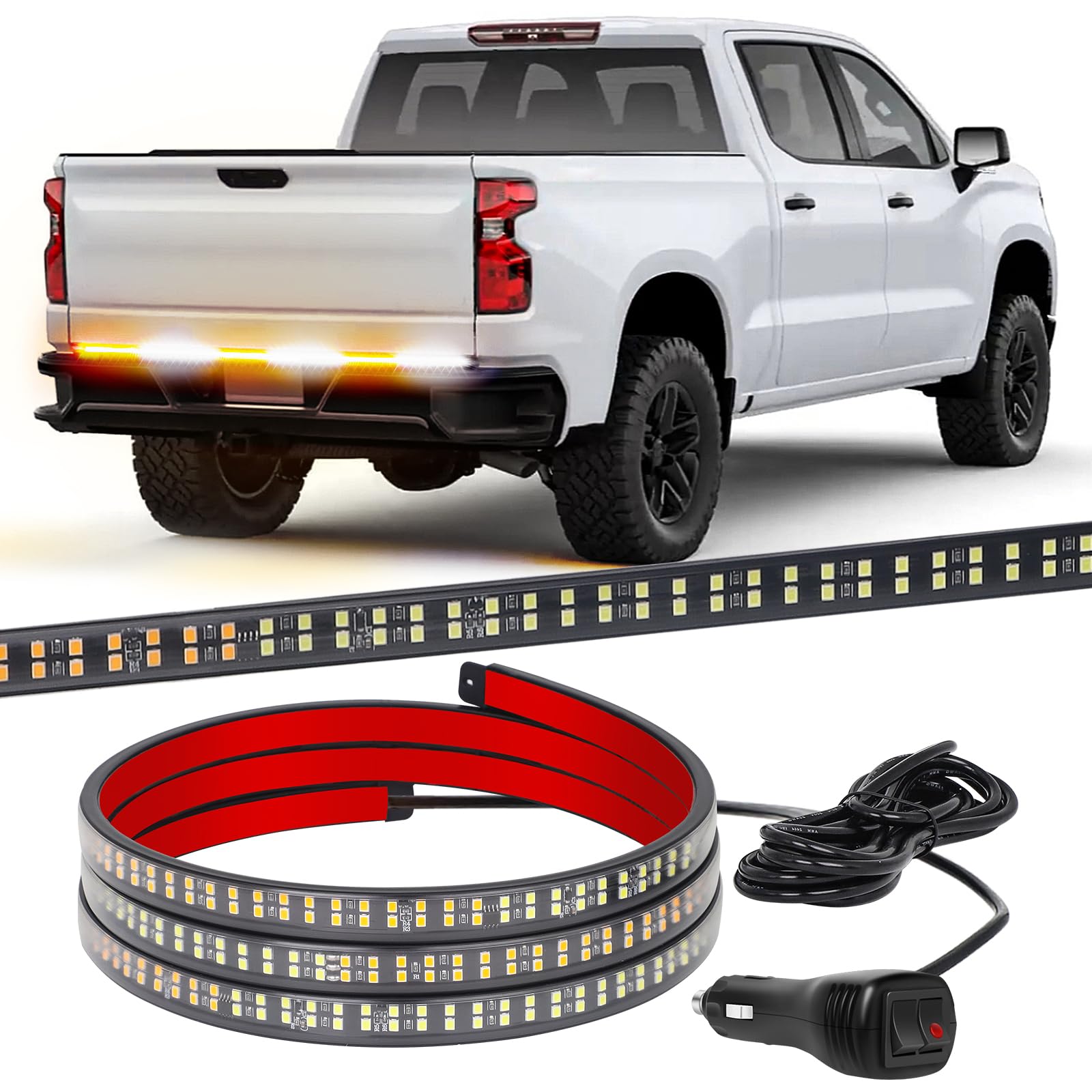 XRIDONSEN 48 Inch LED Truck Tailgate Strobe Light Bar - 288 Super Bright Amber & White Flashing Warning Lights for Emergency Safety - Heavy Duty Hazard Lights for Plow Trucks, Construction Vehicles, Pickup Trailers & Work Trucks - Ideal for Night Work, Roadside Assistance & Off-Road Adventures