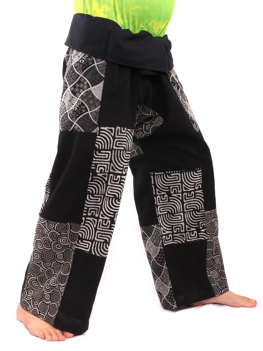 Thai Fisherman Pants - Handmade Patchwork Cotton Wrap Pants for Men & Women | Traditional Loose Fit Yoga Meditation Pants | Perfect for Beach, Yoga, and Boho Fashion