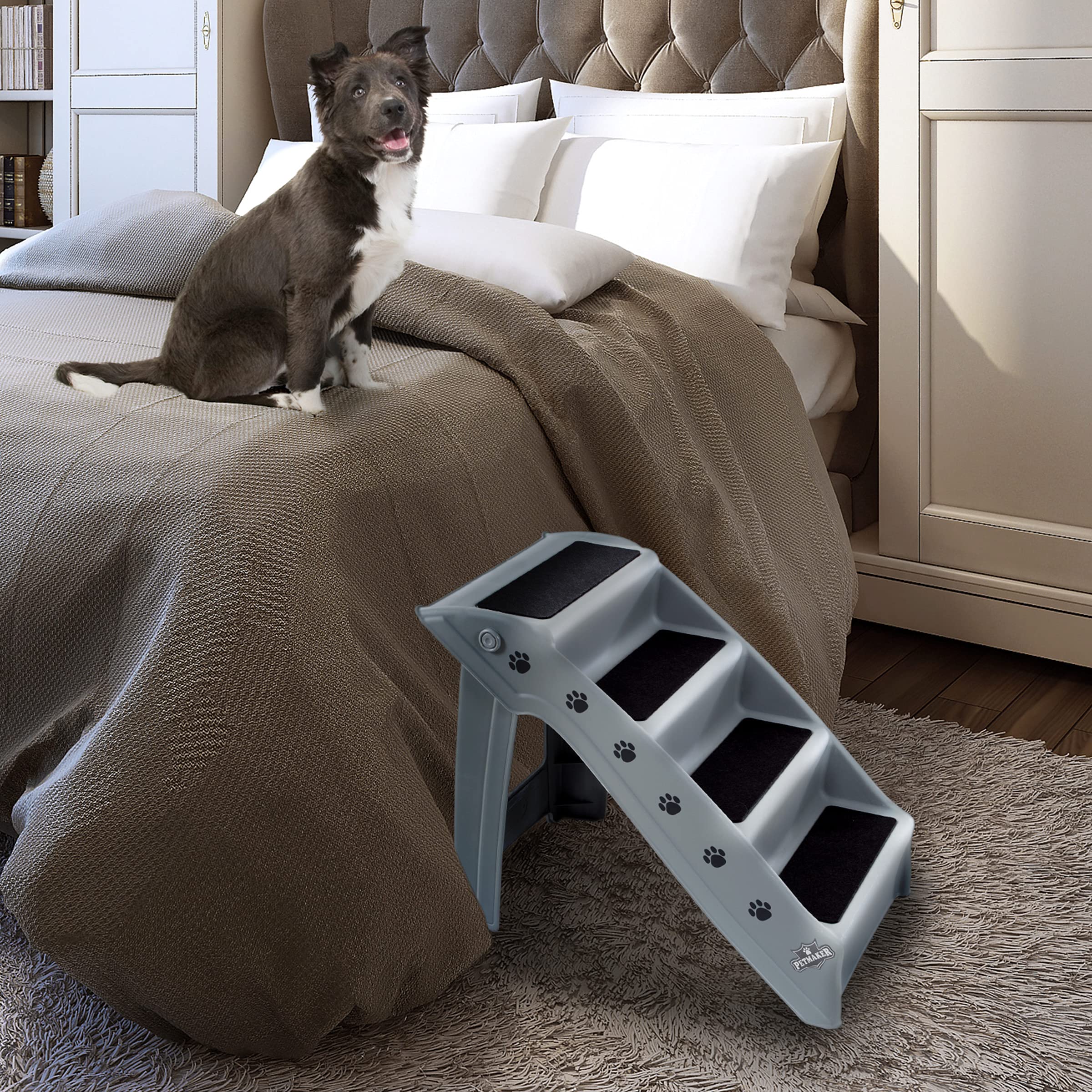 4-Step Dog Stairs for Beds, Couches & Cars - Non-Slip Pet Steps for Small Dogs, Puppies & Kittens - Portable Pet Ramp by PETMAKER (Gray) - Perfect for Elderly Pets & Post-Surgery Recovery