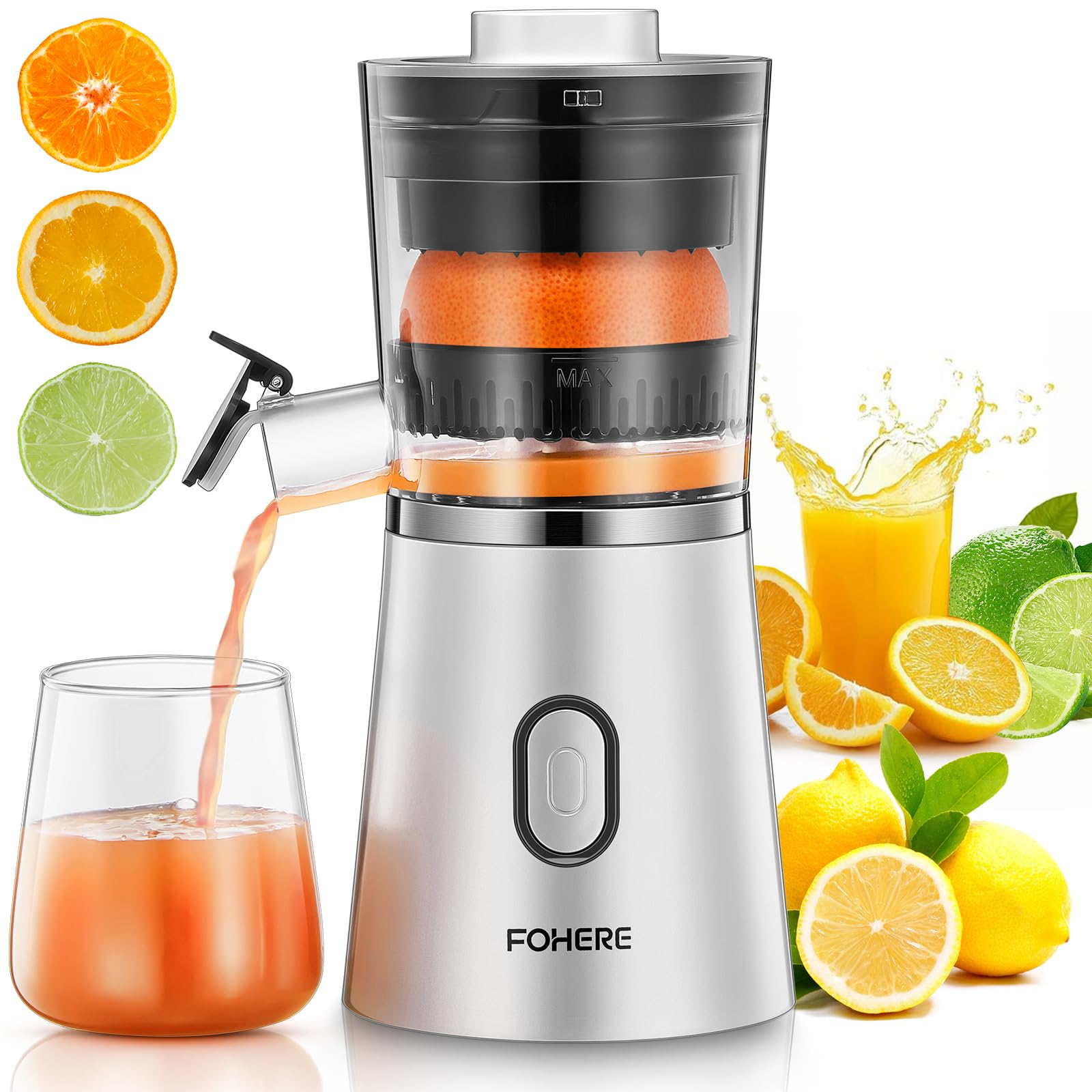 FOHERE Electric Citrus Juicer - Automatic Orange/Lemon Squeezer with Power Cord, One-Touch Operation, Easy to Clean, Portable Fruit Juicer for Home & Kitchen (Silver) - Perfect for Fresh Juice, Cocktails, and Healthy Breakfasts