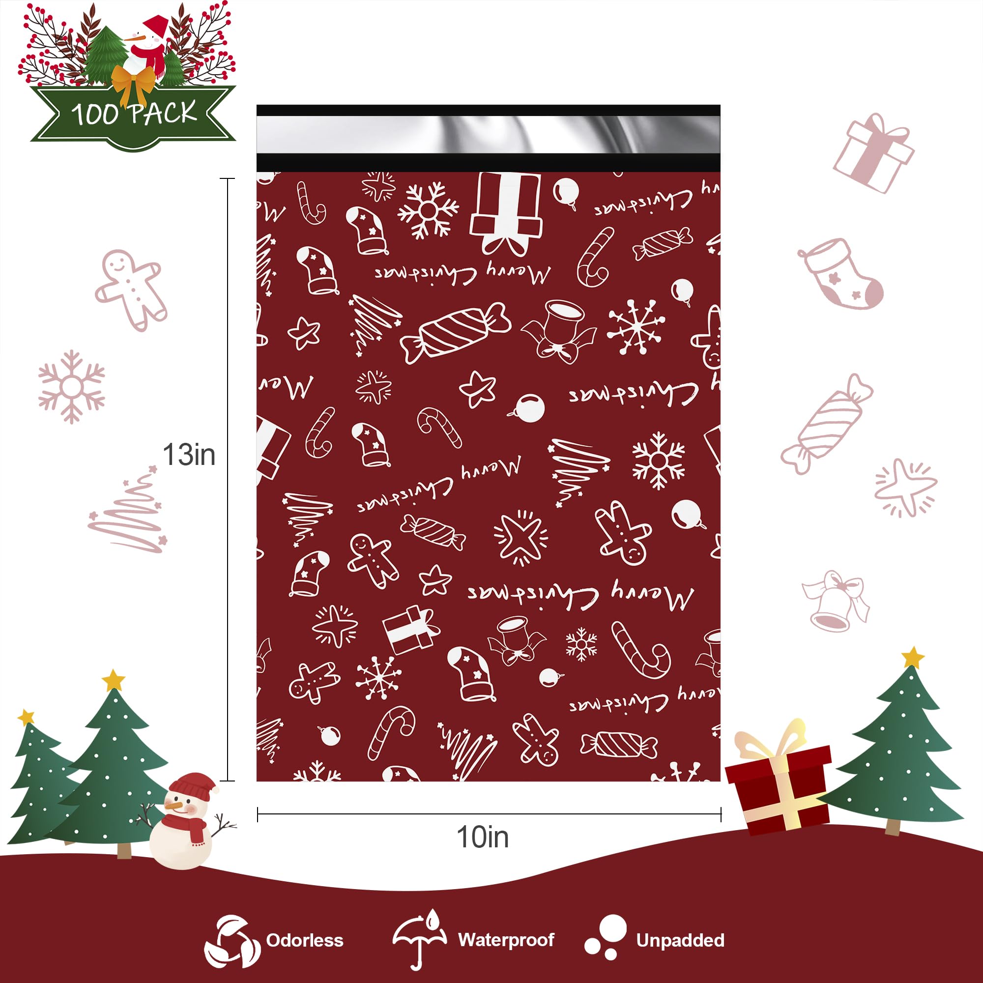 JinRuiKJ 10x13 Inch Christmas Poly Mailers 100 Pack - Self-Sealing Holiday Shipping Bags for Clothing & Gifts - Durable Thick Mailing Envelopes - Perfect for Ecommerce, Christmas Packaging & Festive Gift Wrapping
