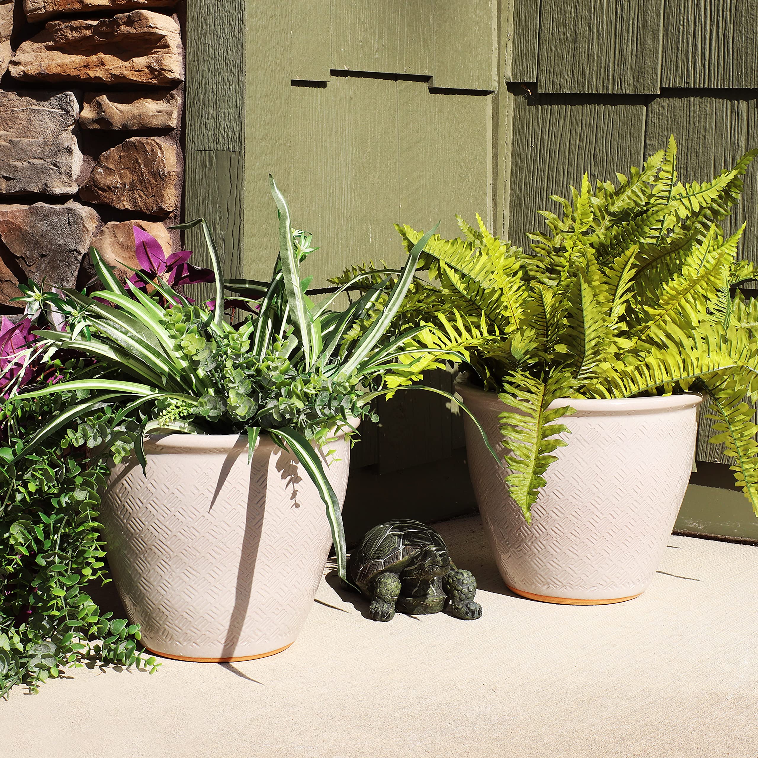 Sunnydaze Ocean Villa 11.75-Inch Outdoor Ceramic Planter Set of 2 - Pearl Finish with Mineral Glaze - Perfect for Patio, Garden, and Balcony Decor