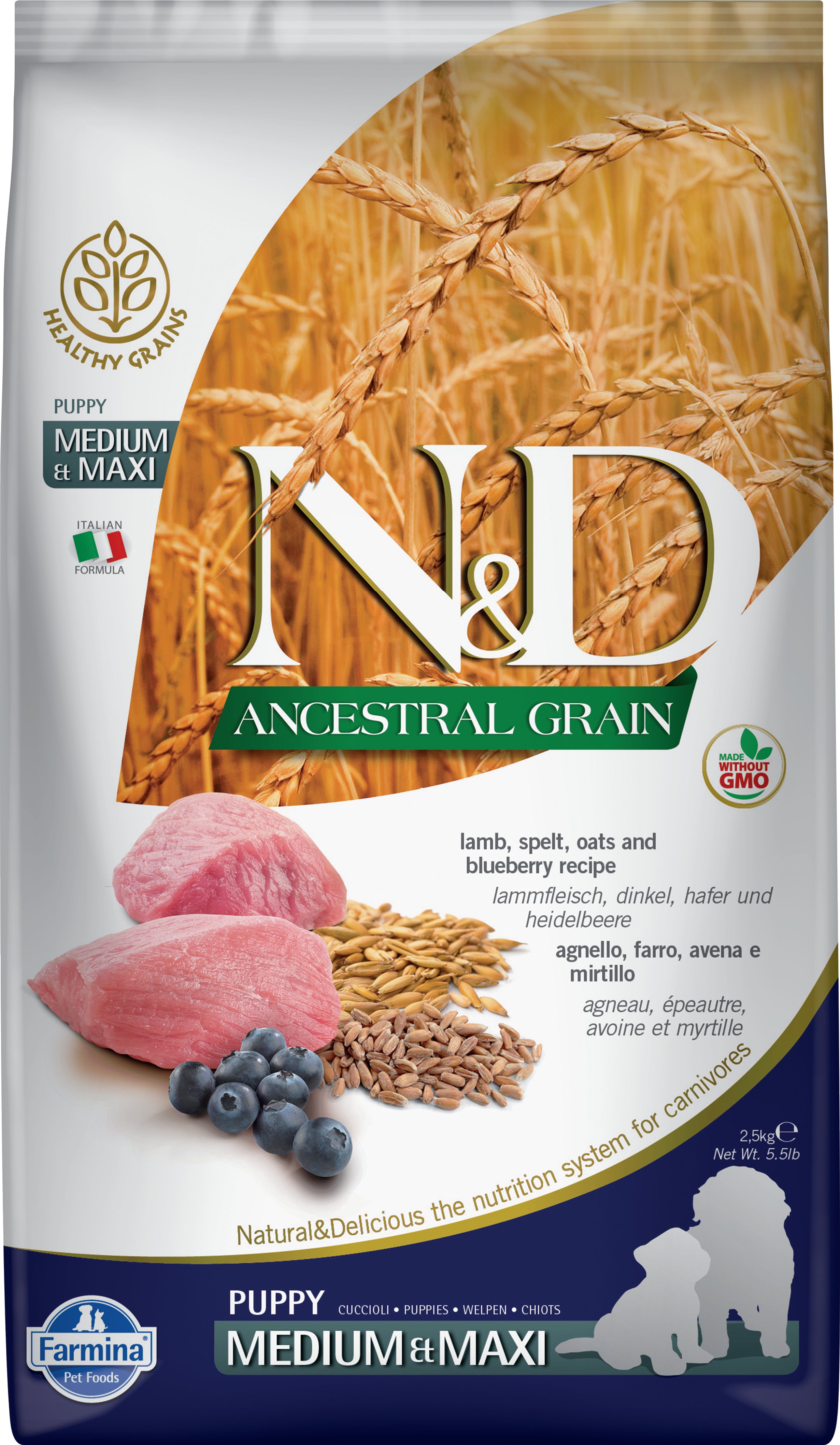 Farmina N&D Ancestral Grain Lamb & Blueberry Dry Dog Food for Medium Puppies - Premium Nutrition for Growing Dogs at Home or Outdoor Adventures