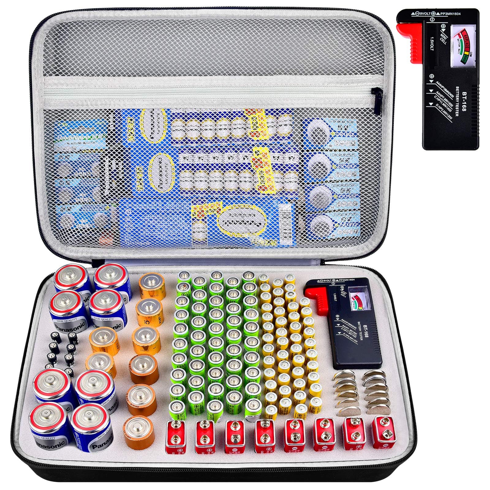 Battery Organizer Storage Box with Tester (BT168) - Holds 140 AA AAA AAAA 9V C D & 3V Lithium Batteries (Batteries Not Included) | Portable Case for Home, Office & Travel Organization