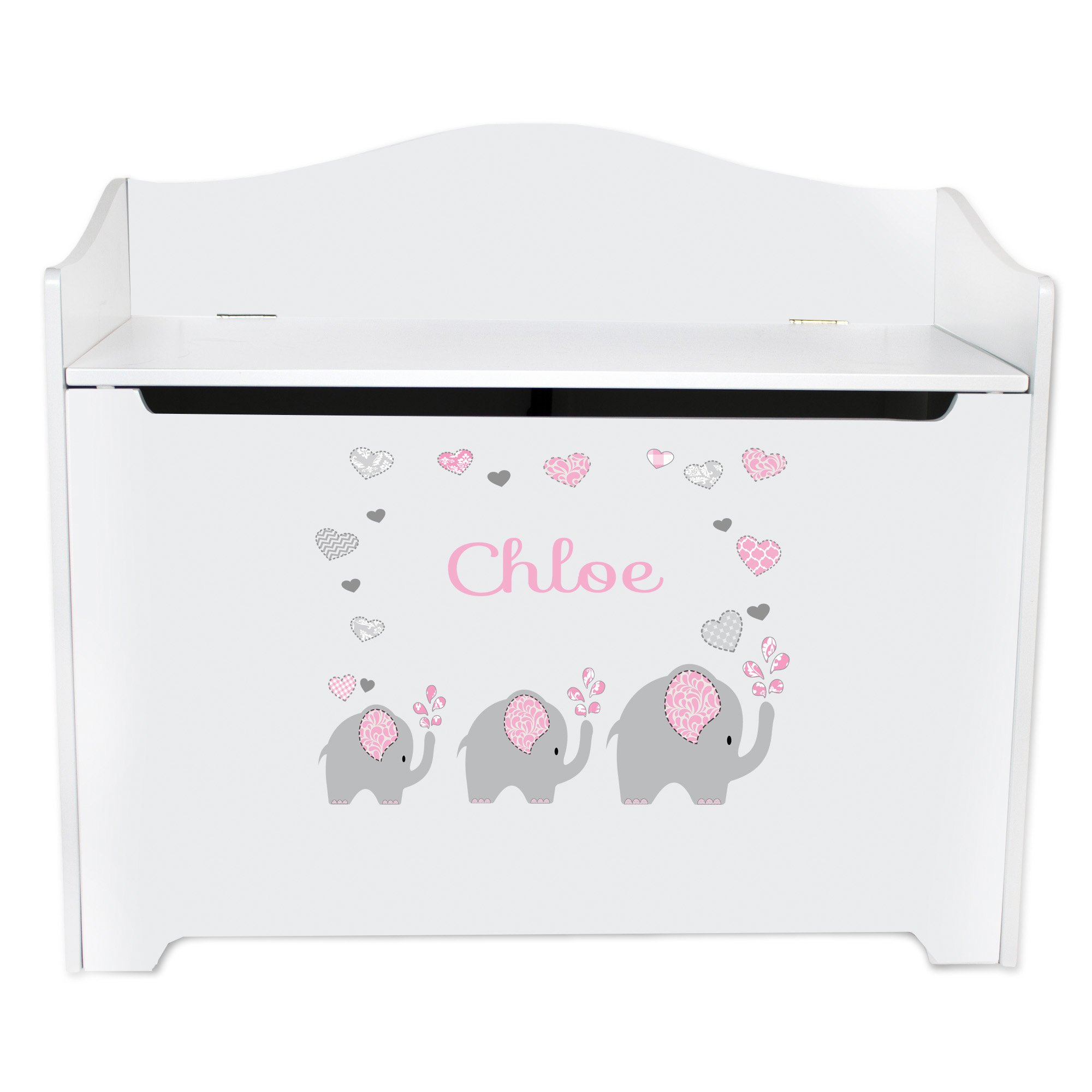 Personalized Pink Gray Elephant Toy Box Bench with Lid - Custom Wooden Toy Storage Chest for Nursery, Playroom & Bedroom - Multi-Functional Seat & Decor Organizer | Perfect for Kids' Room Organization & Playtime Storage