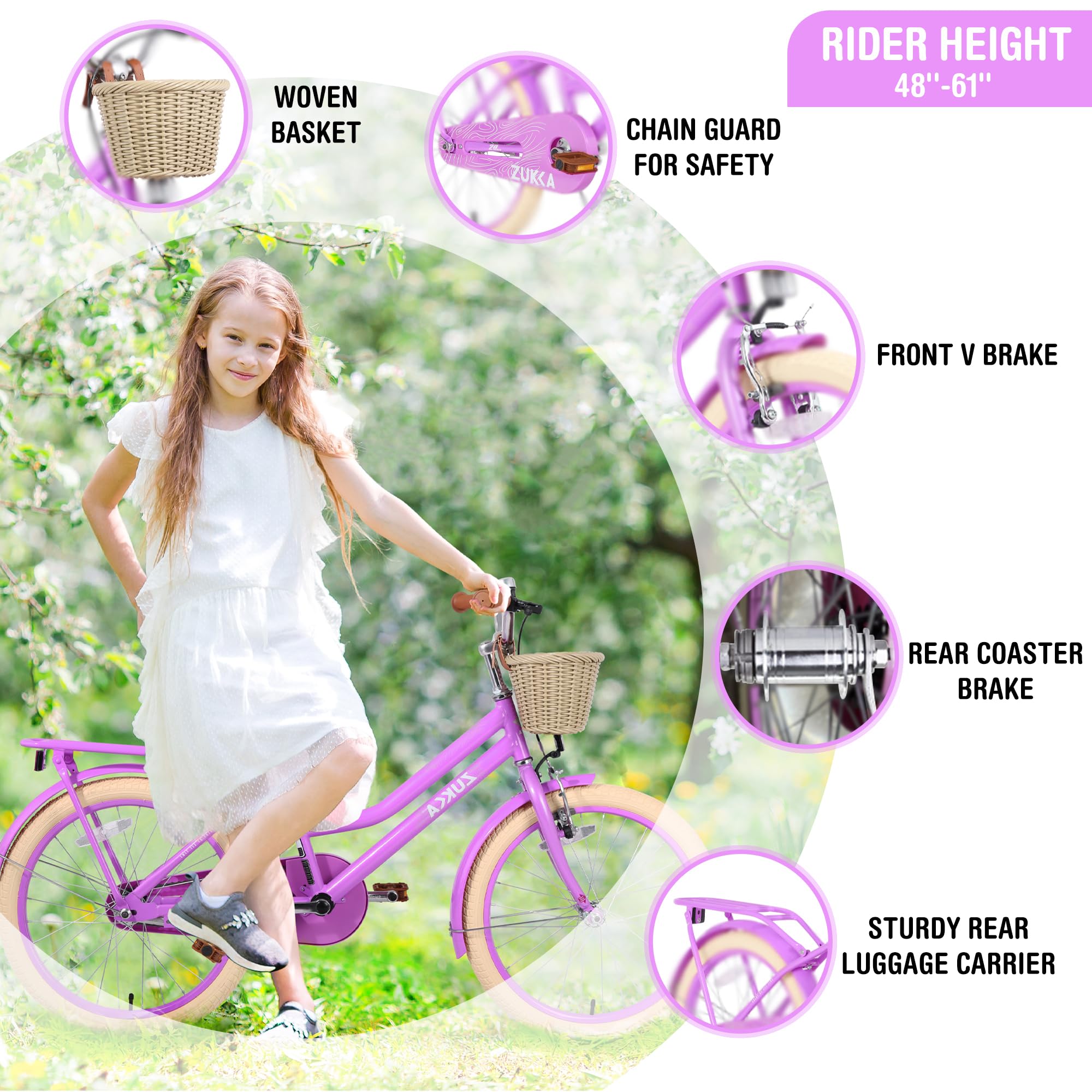 20 Inch Girls Bike with Basket - Single Speed Kids Bicycle for Ages 8-12 | Carbon Steel Frame, Adjustable Seat Height, Front V-Brake & Rear Coaster Brake | Perfect for Neighborhood Rides, Park Adventures & Birthday Gifts