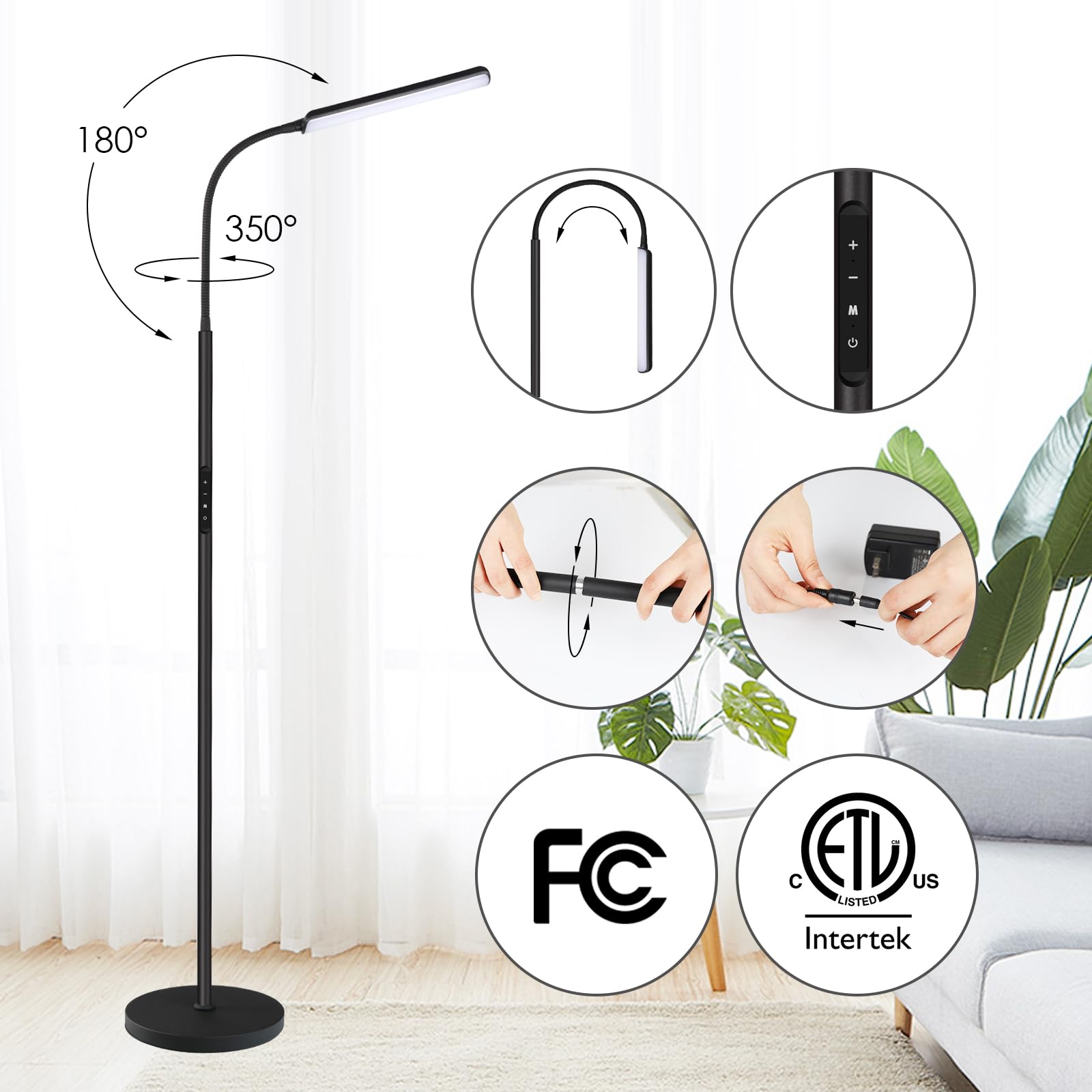 Dimunt LED Floor Lamp - 15W Bright Adjustable Standing Light with Remote & Touch Control, 3000K-6000K Color Temperature, 1H Timer - Perfect for Living Room, Bedroom & Reading Nook