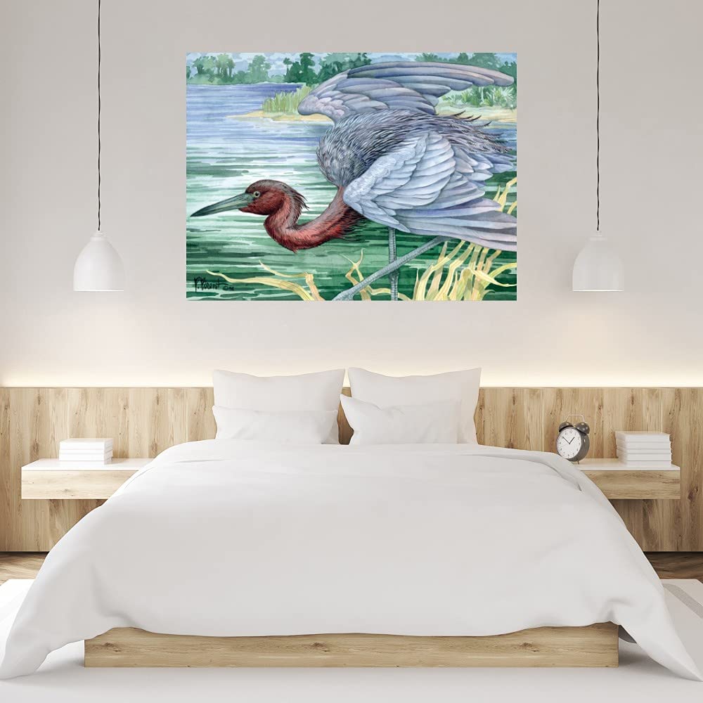 Blue Heron Canvas Wall Art - Hand Painted by Artist Paul Brent - 46x35 Inch Ready to Hang Painting for Living Room, Bedroom, Office Decor - Nature Inspired Home Décor for Coastal, Modern & Farmhouse Style Interiors