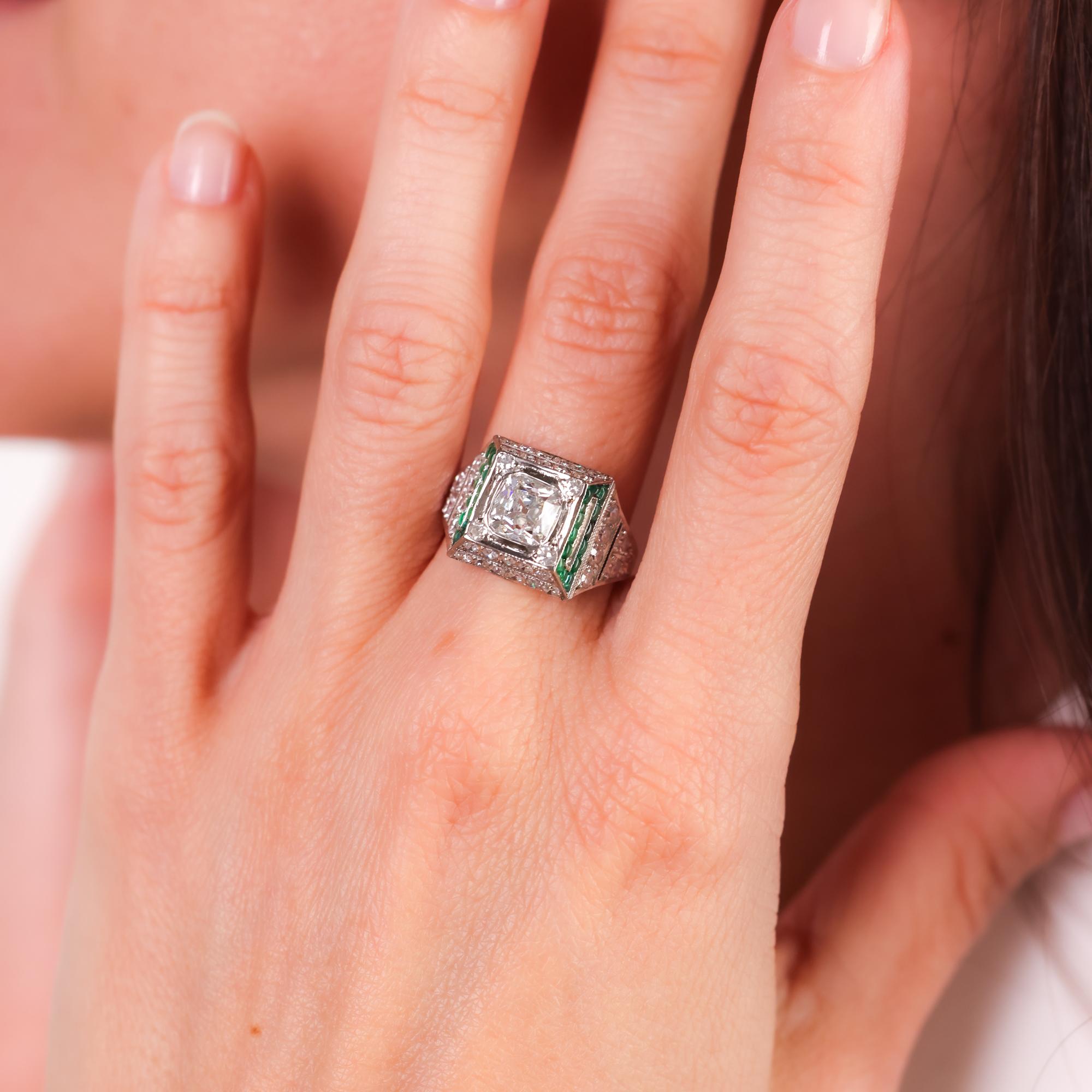 1.51 Carat GIA Certified Art Deco Old Mine Diamond Emerald Platinum Ring – Vintage Engagement, Wedding, Anniversary Jewelry Gift for Her