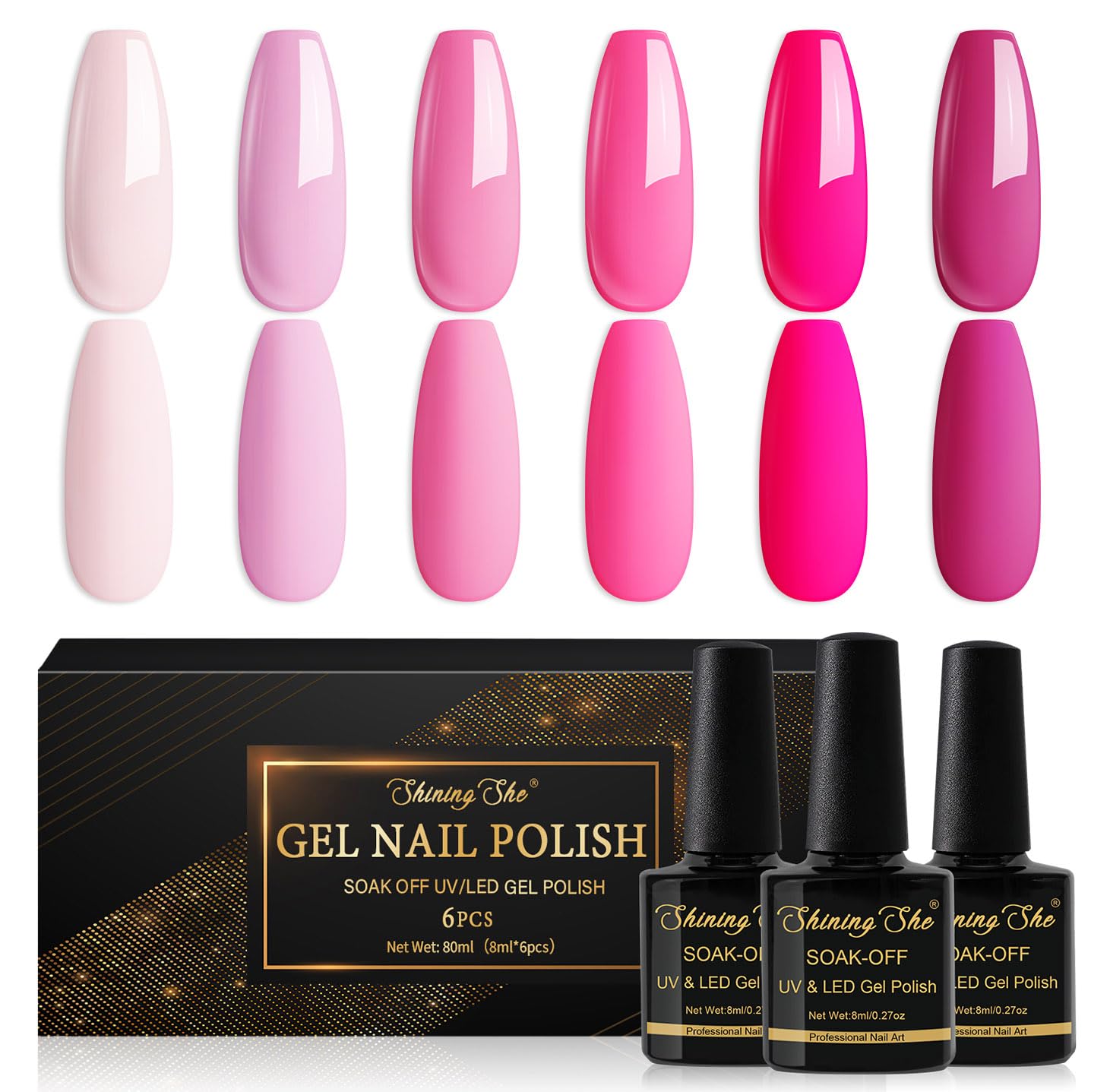 Shining She 6 Colors Pink Rose Gel Nail Polish Set - Soak Off UV LED Nail Polish Kit for DIY Home & Salon Nail Art (8ML) | Perfect for Valentine's Day, Bridal, Party & Everyday Manicures