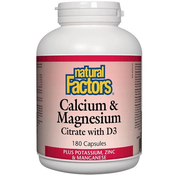 Natural Factors Calcium & Magnesium Citrate with Vitamin D3, Potassium, Zinc & Manganese - 180 Capsules for Bone Health, Muscle Support & Immune Boost | Dietary Supplement for Adults & Seniors