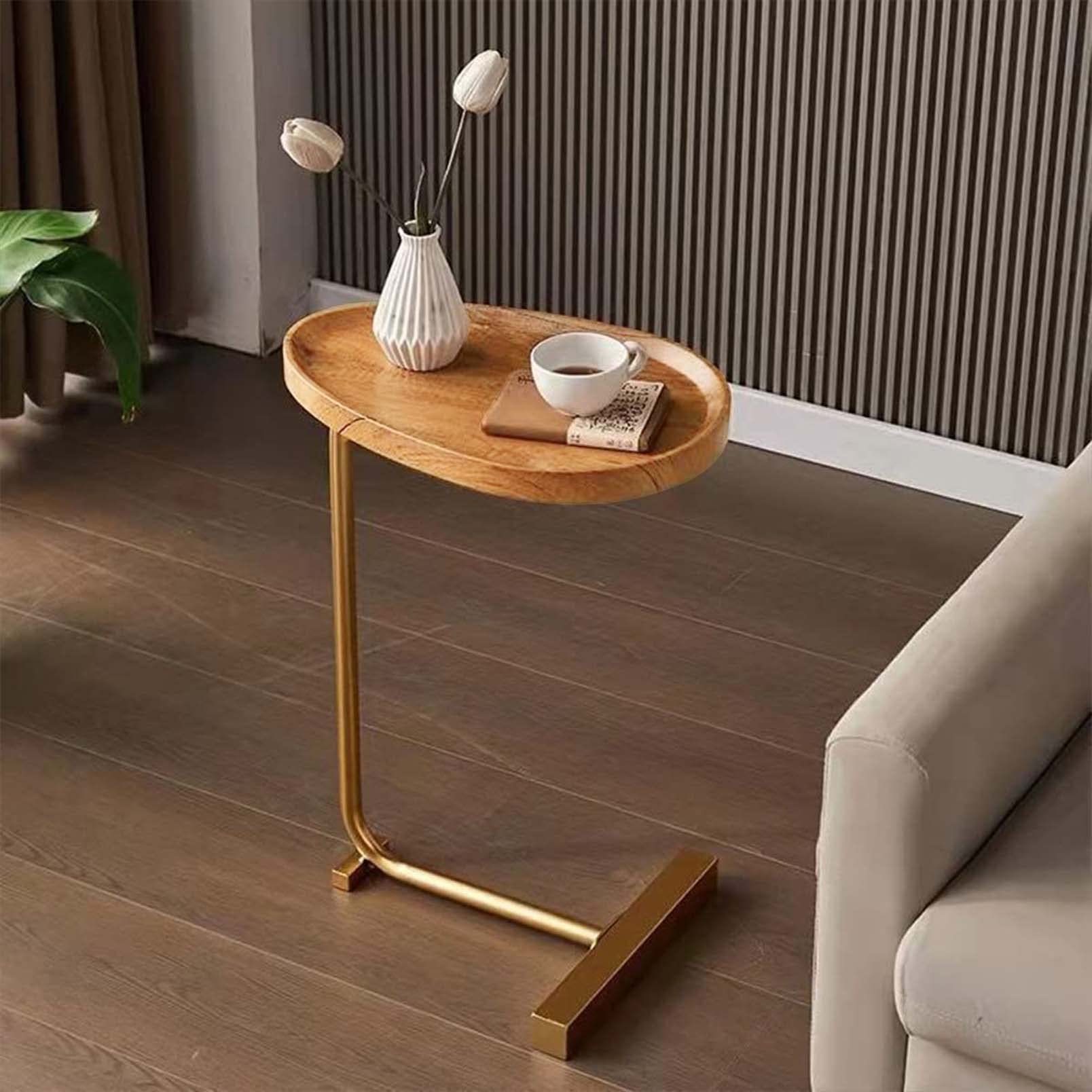 Modern Narrow Round Side End Table - 24 Inch Rustic Gold C Table for Living Room, Bedroom & Office | Slim Metal & Wood Coffee Table, Snack Tray, TV Stand | Perfect for Small Spaces, Sofa Couch & Dining Areas