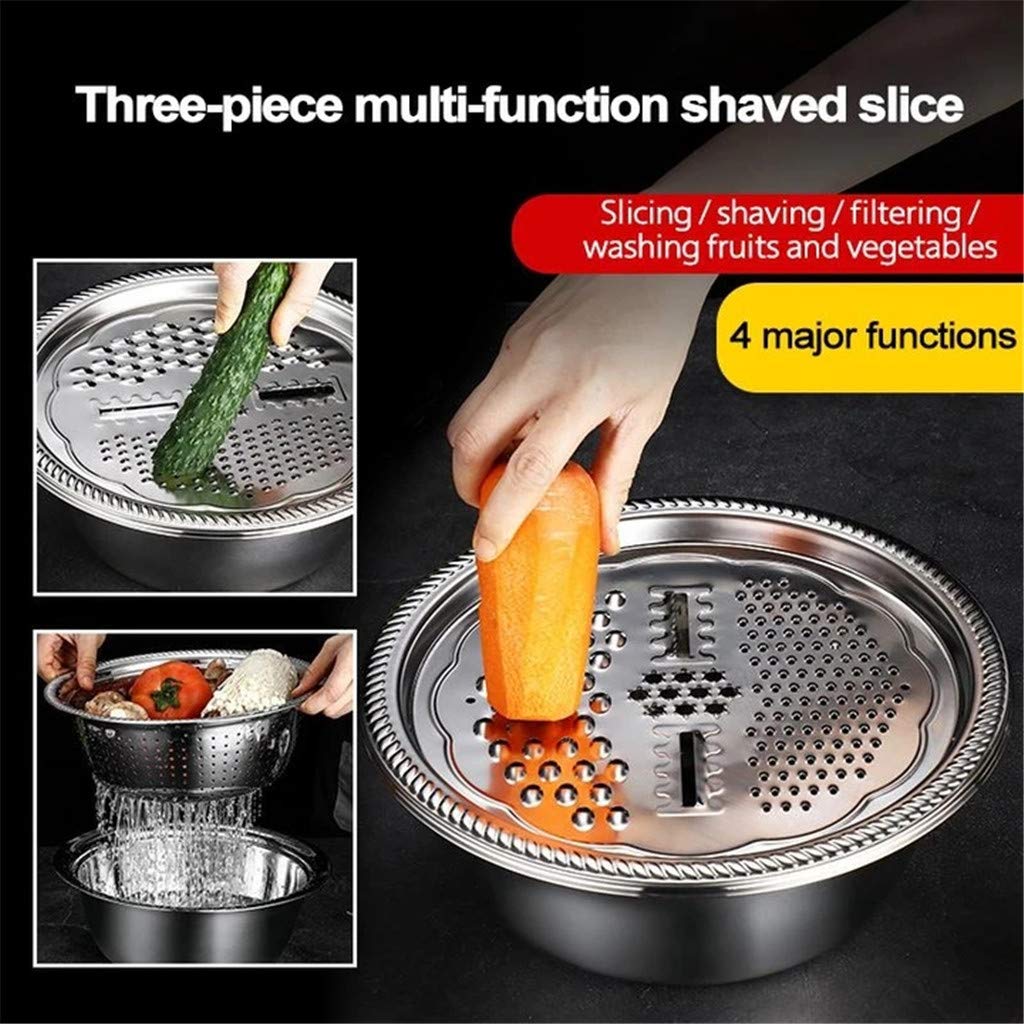 Premium 3-in-1 Stainless Steel Kitchen Grater with Drain Basket - Handheld Vegetable Cutter, Julienne Grater & Salad Bowl - Multipurpose Food Strainer & Colander (10 Inch) - Perfect for Meal Prep, Salad Making & Healthy Cooking