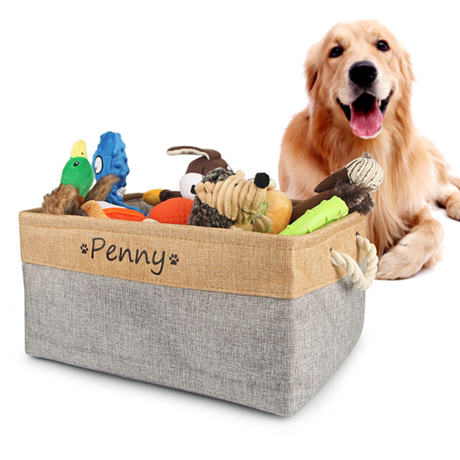**Personalized Dog Toy Basket with Name - Custom Pet Food Storage Container & Dog Toy Box for Small Dogs - Paw Prints Design - New Puppy Supplies (Pink, Large 41X32X21cm) - Perfect for Pet Room Organization & Gift Ideas**
