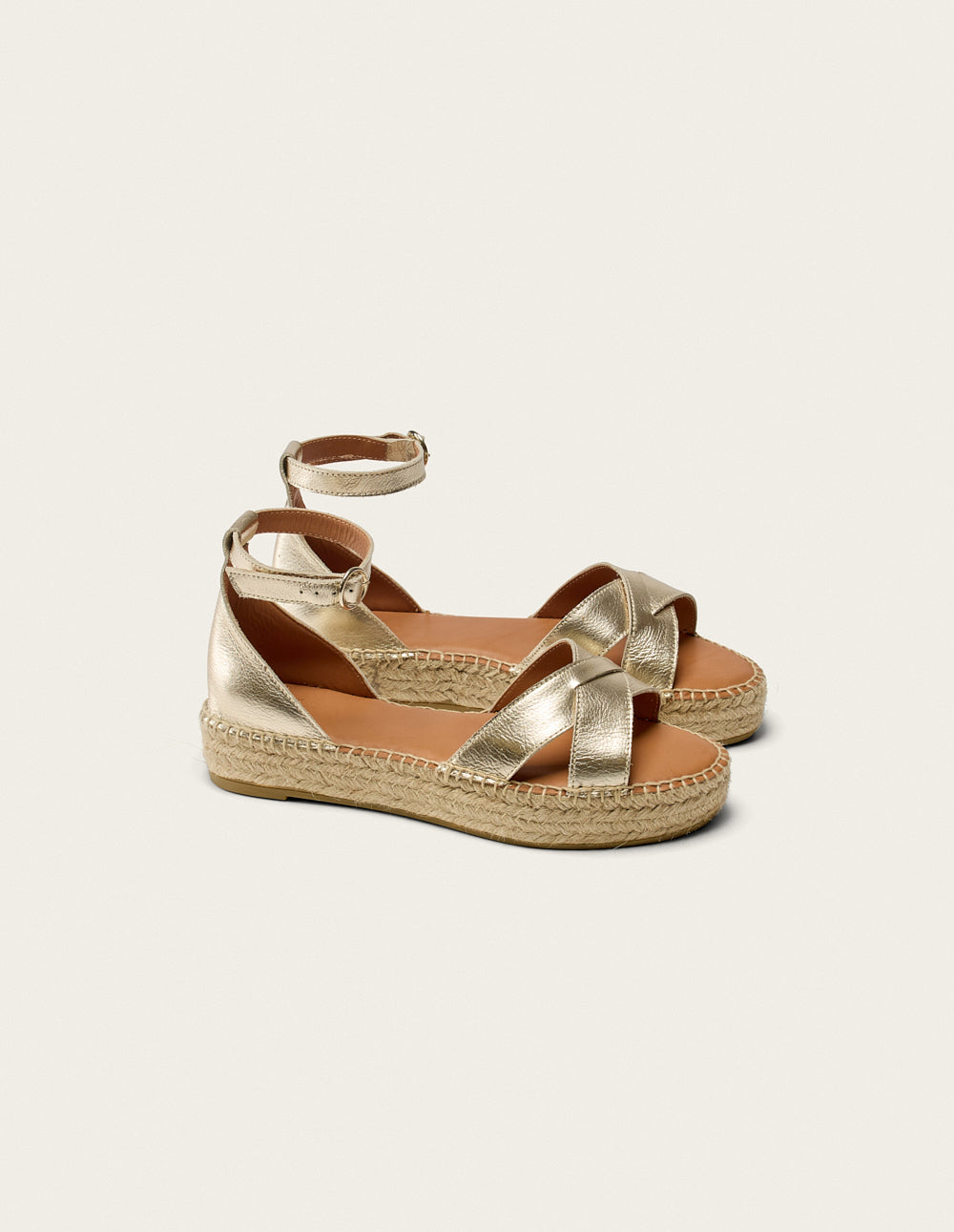 Women's Espadrilles Catherine - Genuine Grain Leather Champagne Color - Perfect for Summer, Beach, and Casual Outings