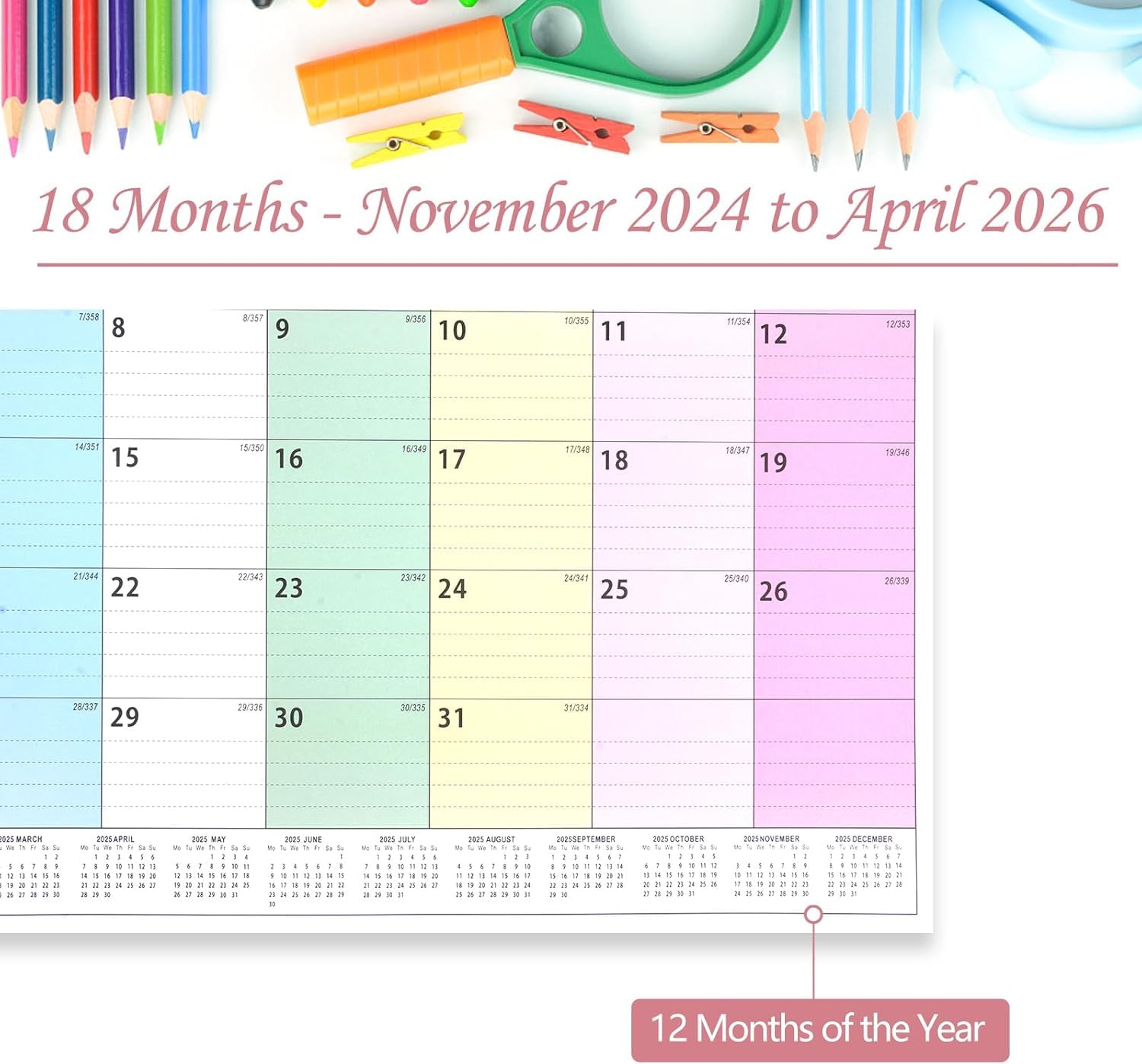 2025 UK Wall Calendar - 18 Month Family Planner (November 2024 to April 2026) with Large Writing Blocks & Hanging Holes | Perfect for Home, Office & School Organization | Landscape Yearly Planner for Family Scheduling & Event Tracking