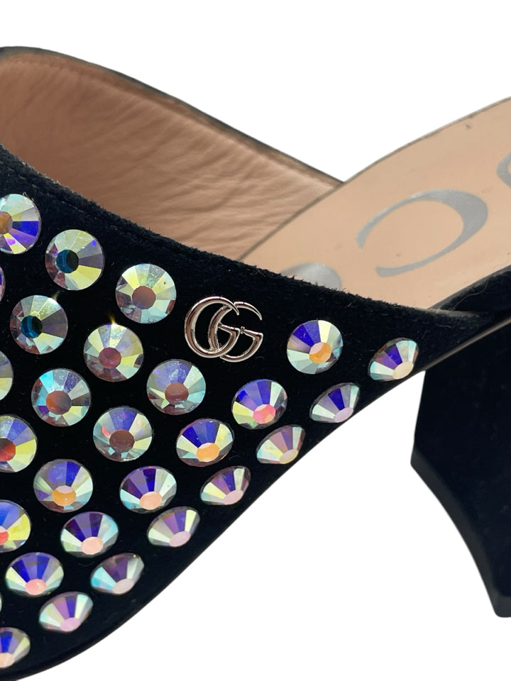 Gucci Embellished Suede Mules for Women - Size 37.5 (US 7.5) | Luxury Slip-On Loafers with Rhinestone Details - Perfect for Casual Outings, Office Wear & Special Occasions