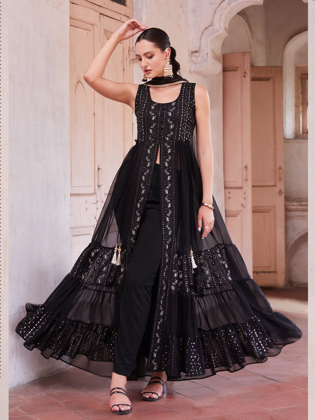 Elegant Black Georgette Pant Suit for Women - Designer Party Wear with Heavy Jari Thread & Sequins Embroidery - Perfect for Weddings, Evening Parties & Special Occasions