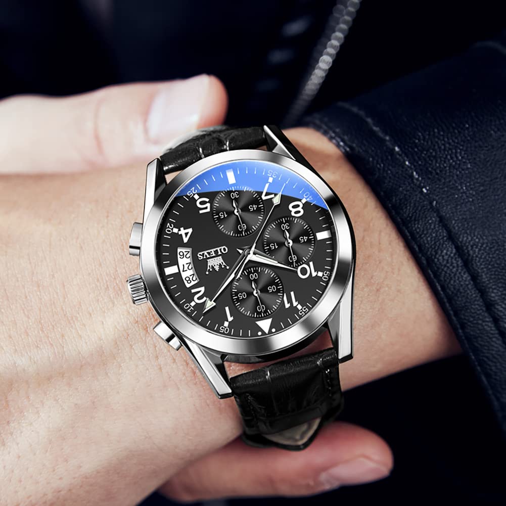 OLEVS Men's Brown Leather Chronograph Watch with Date - Large Face Analog Quartz Wristwatch for Business, Casual & Sports | Waterproof Dress Watch for Men (Reloj De Hombre) - Perfect for Office, Outdoor Activities & Formal Events