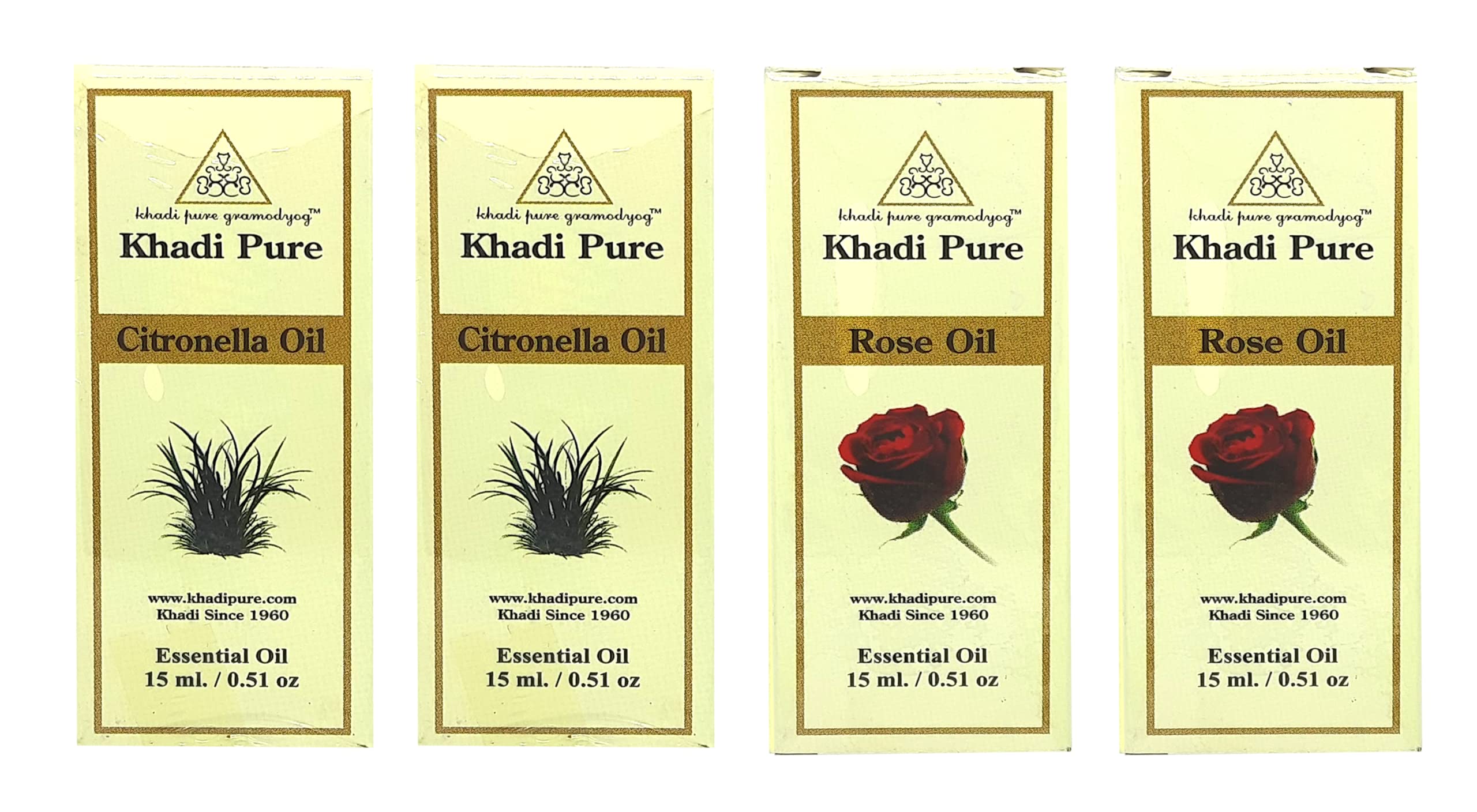 Khadi Pure Citronella & Rose Essential Oil - 15ml (Pack of 4) | Natural Aromatherapy for Relaxation, Skin Care & Mosquito Repellent | Perfect for Diffusers, Massage & Home Spa