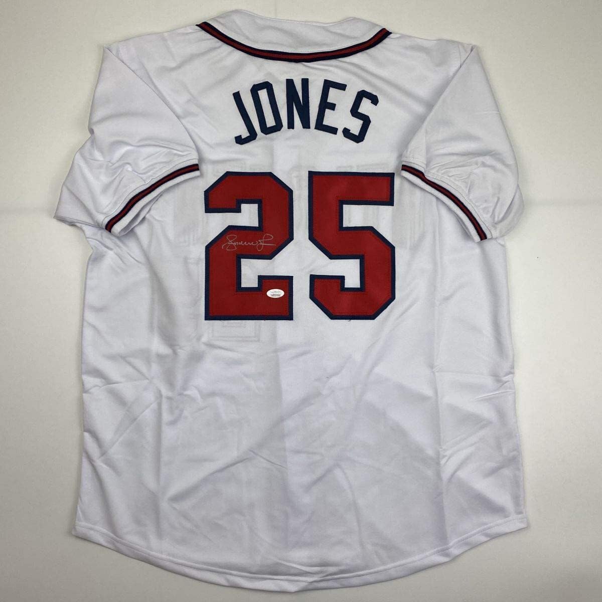 Authentic Autographed Andruw Jones Atlanta Braves White Baseball Jersey with JSA COA - Perfect for Collectors, Fans, and Sports Memorabilia Displays