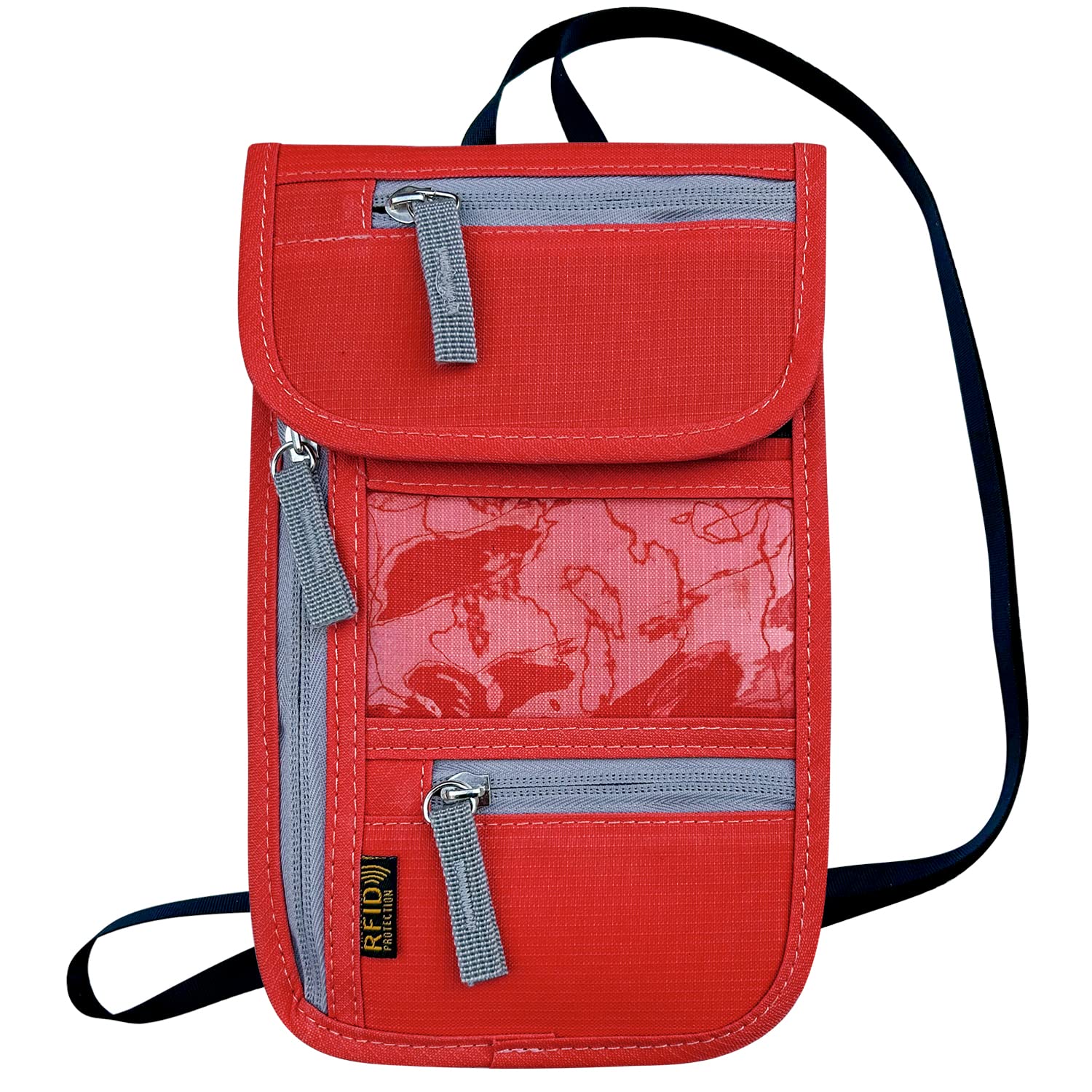 RFID Blocking Travel Neck Wallet - Adjustable Passport Holder for Men & Women to Secure Cash, Credit Cards & Travel Documents (Red) | Ideal for Airports, Cruises & International Trips