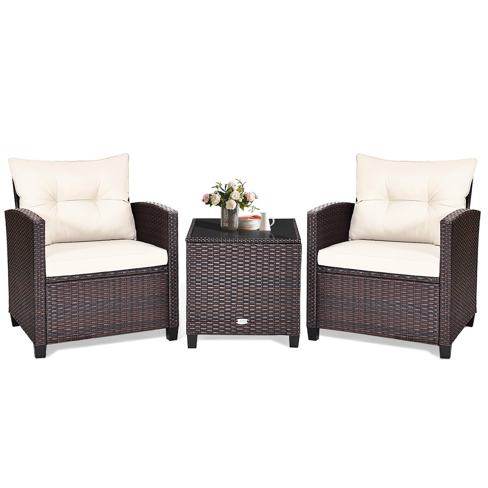 KOTEK 3-Piece Outdoor Patio Furniture Set with Washable Cushions & Tempered Glass Tabletop - PE Rattan Wicker Bistro Set for Porch, Garden, Balcony, Backyard (White) - Perfect for Relaxing, Entertaining Guests, and Outdoor Dining