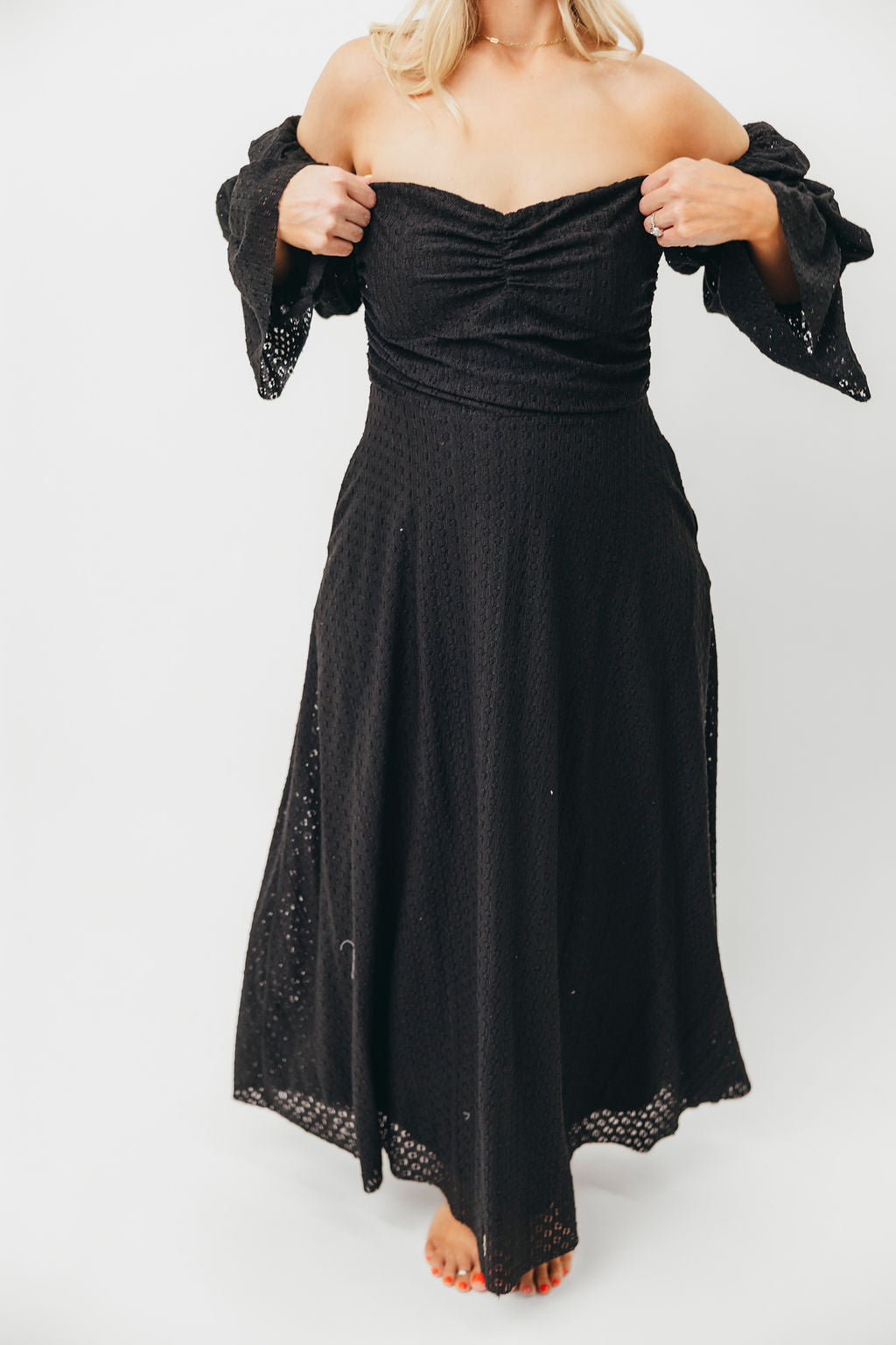 Corrine Tiered Sleeve Maxi Dress with Pockets - Bump Friendly Maternity Dress in Black | Perfect for Pregnancy, Nursing, and Special Occasions