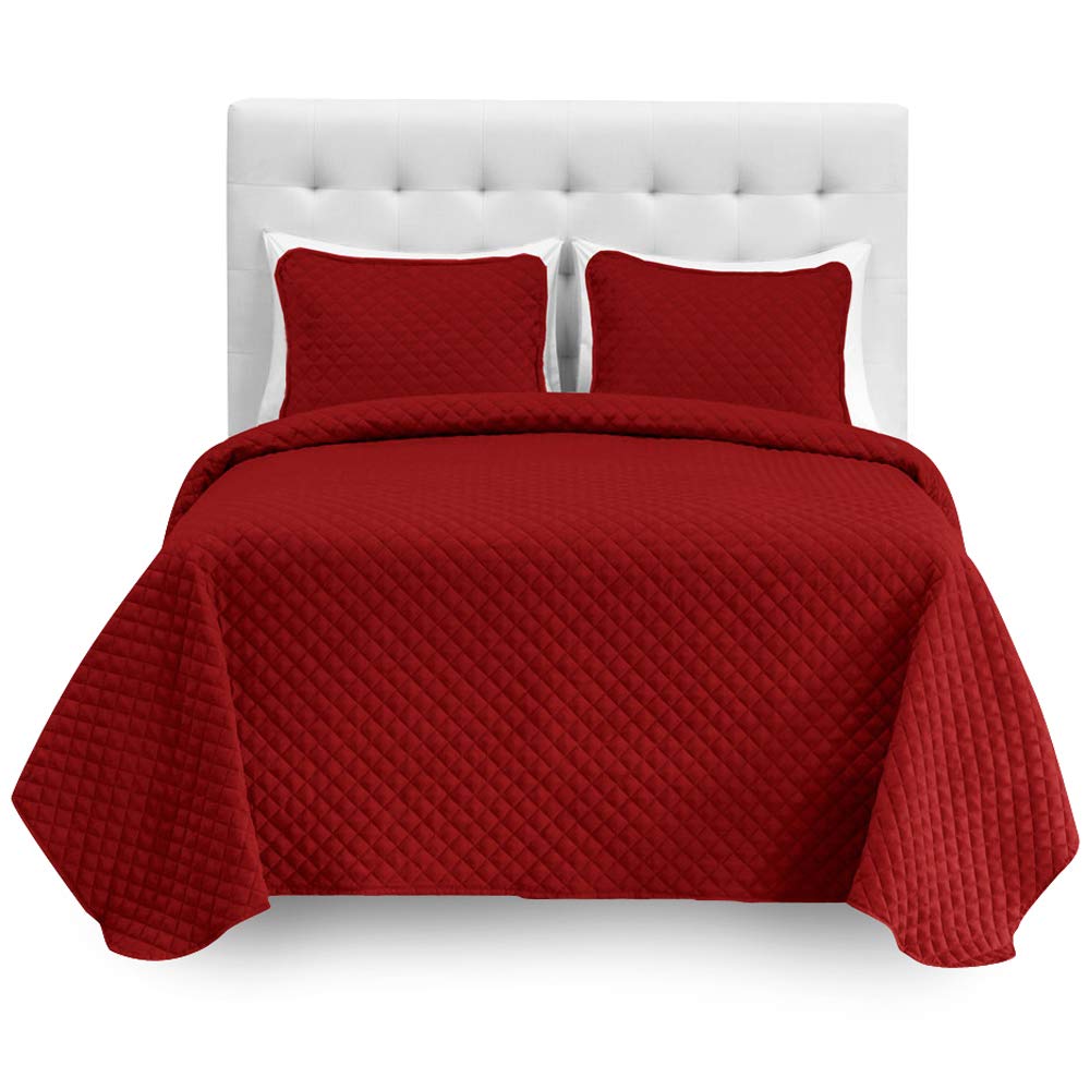Bare Home Split Queen Coverlet Set with Microfiber Sheet Set - Diamond Stitched Lightweight Bedspread - Ultra Soft Bedding for Guest Room & Master Bedroom - Red Coverlet with White Sheets - Perfect for Hotels, Airbnb & Home Decor